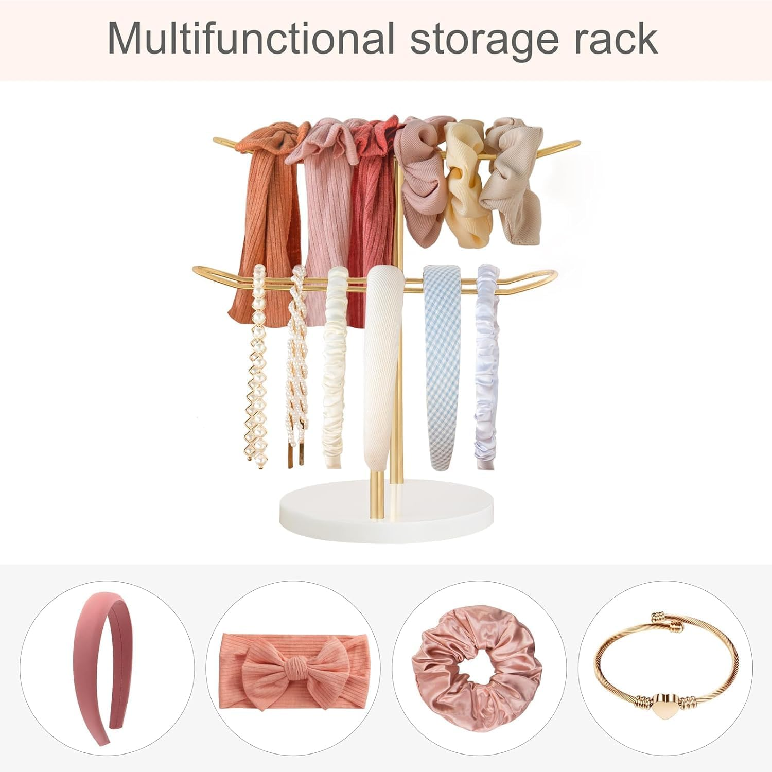 2 Tier Headband Organizer, Headband Holder Organizer Hairband Display Stand, Metal Storage Rack, Jewelry Display Stand, Metal Necklace Organizer for Headwear Hair Hoop Gift Women, Gold image number 5