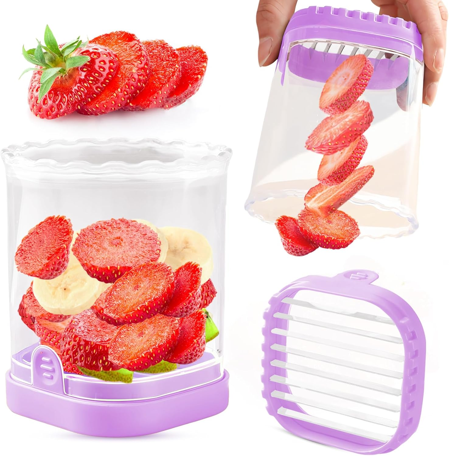 Fruit Slicer Cup | Strawberry Slicer | Banana Slicer | Grape Cutter | Egg Slicers | Detachable Fruit Cutter Slicer with Push Plate | Creative Strawberry Slicer Kitchen Gadget (Black + Pink) image number 2