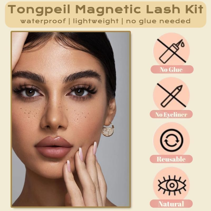 Magnetic Eyelashes Kit with Applicator, Magnetic Eyelashes, Natural Look 3D Effect, No Glue No Eyeliner Needed, Waterproof & Reusable- D Curl Faux Mink False Lashes（2 Pairs ） image number 4