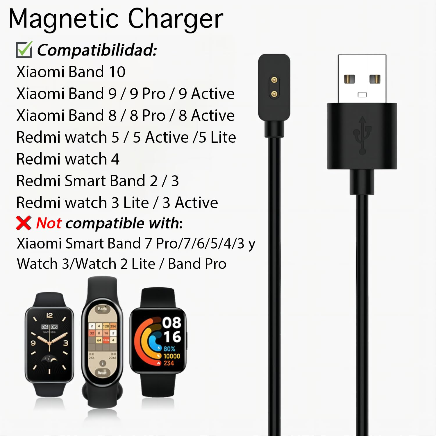 USTIYA Charger for Xiaomi Mi Band 10/9/9 Pro/9 Active/8/8 Pro/8 Active and for Redmi Watch 5/5 Active/5 Lite/4/3 Lite/3 Active/Smart Band 2/3 Adaptador Replacement USB Adapter Cables image number 2