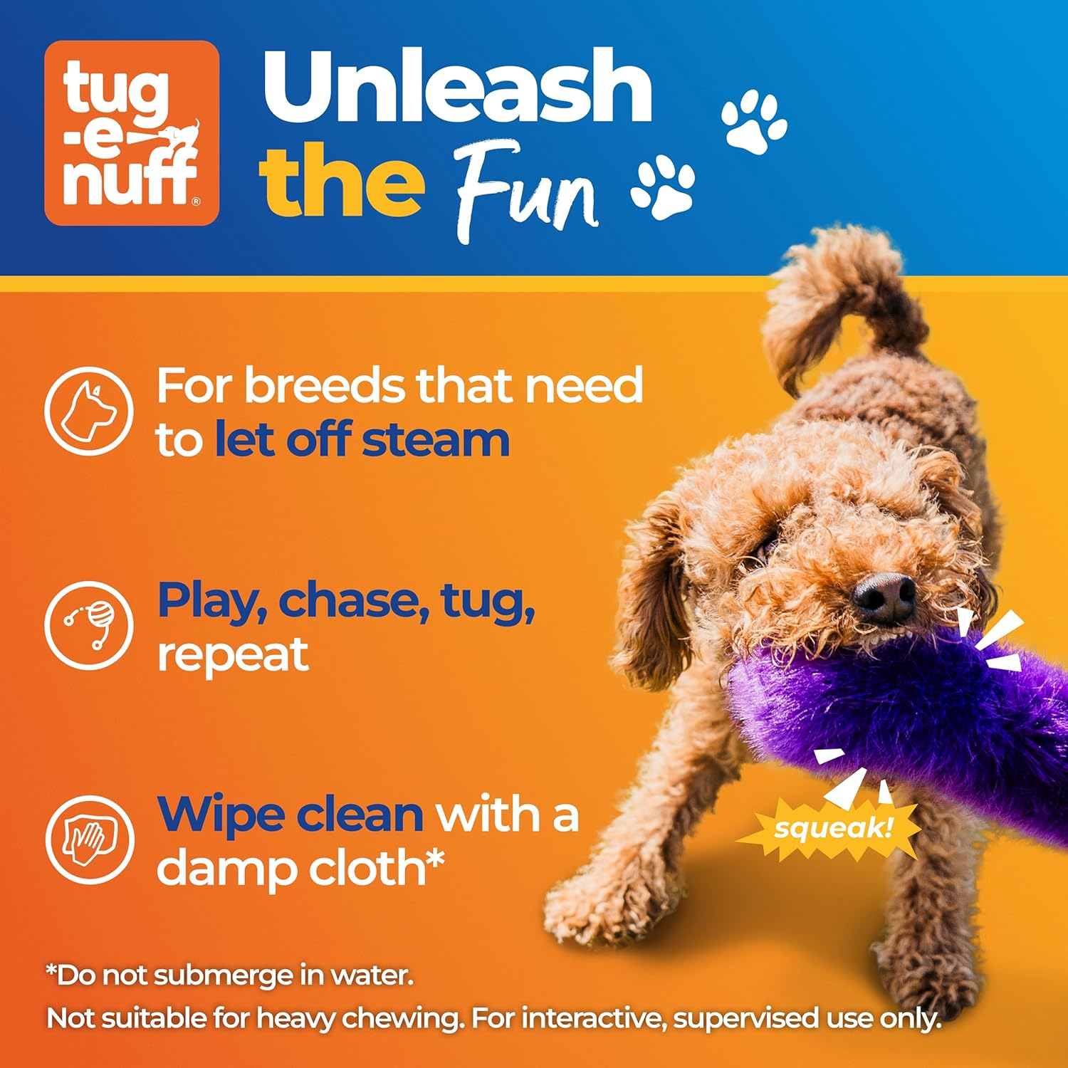 Tug-E-Nuff Faux Fur Squeaky Bungee Chaser Dog Toy, Tough Dog Tug Toy for Puppy, Small, Medium and Large Breeds, Interactive Training Chase Toys for Dogs, 46.5 In, Orange & Blue image number 1