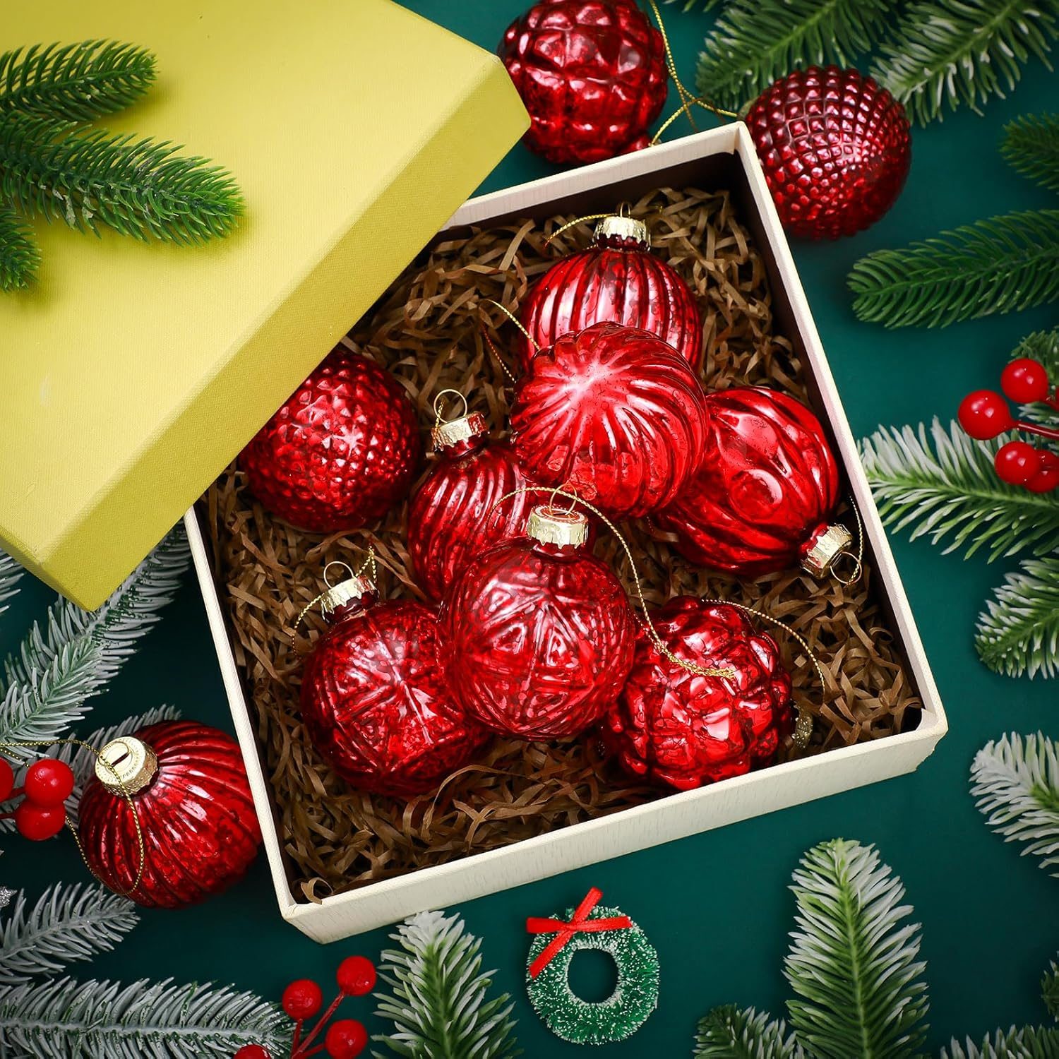 Jenaai 12 Pcs 2.36 Inch Christmas Ball Ornaments Glass Christmas Tree Decorations Hanging Xmas Decorations for Trees Party Wedding Holiday, 6 Style(Red) image number 2