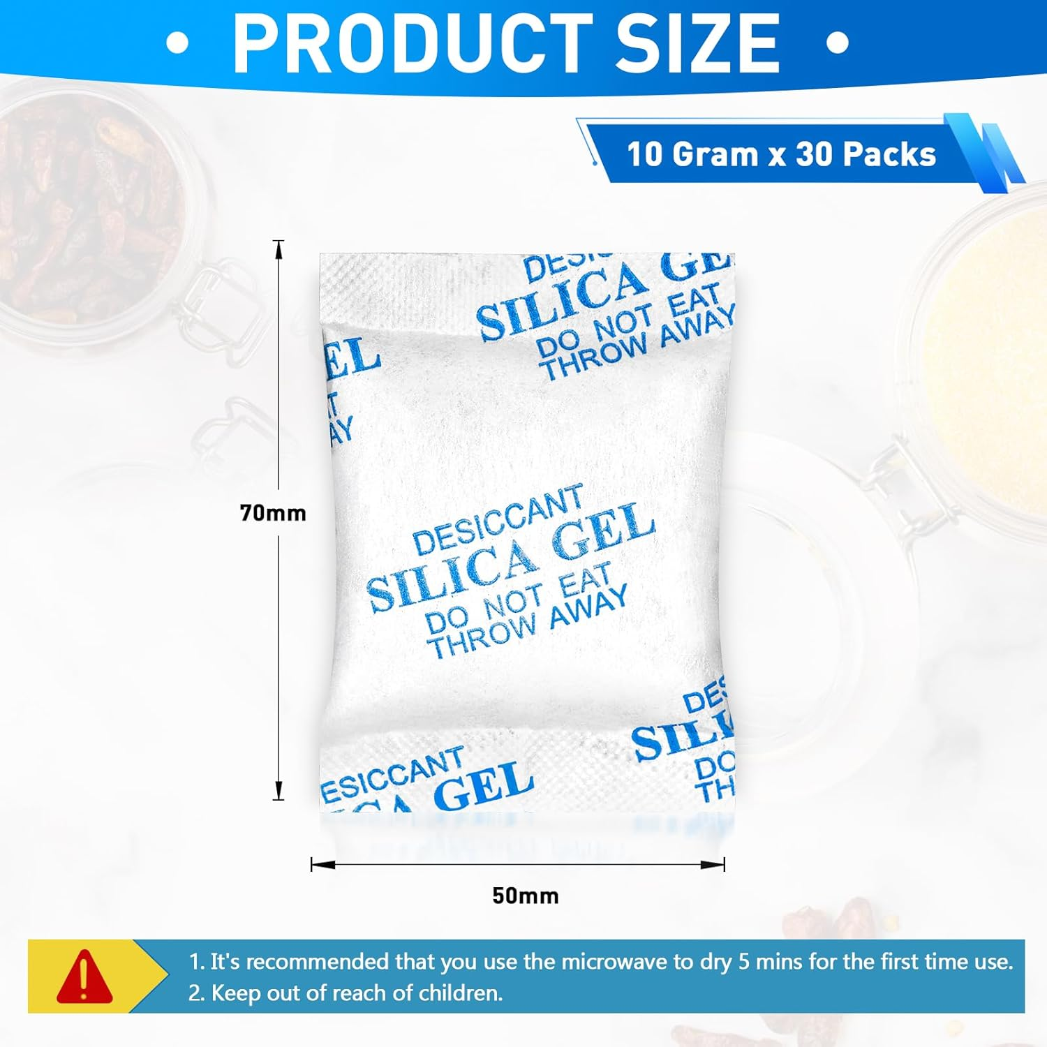 Yeather 10 Gram [30 Packets] Silica Gel Packets - Reusable Desiccant Moisture Absorbers Dehumidifiers for Spices, Jewelry, Shoeboxes, Electronics Storage (Food Safe) image number 1