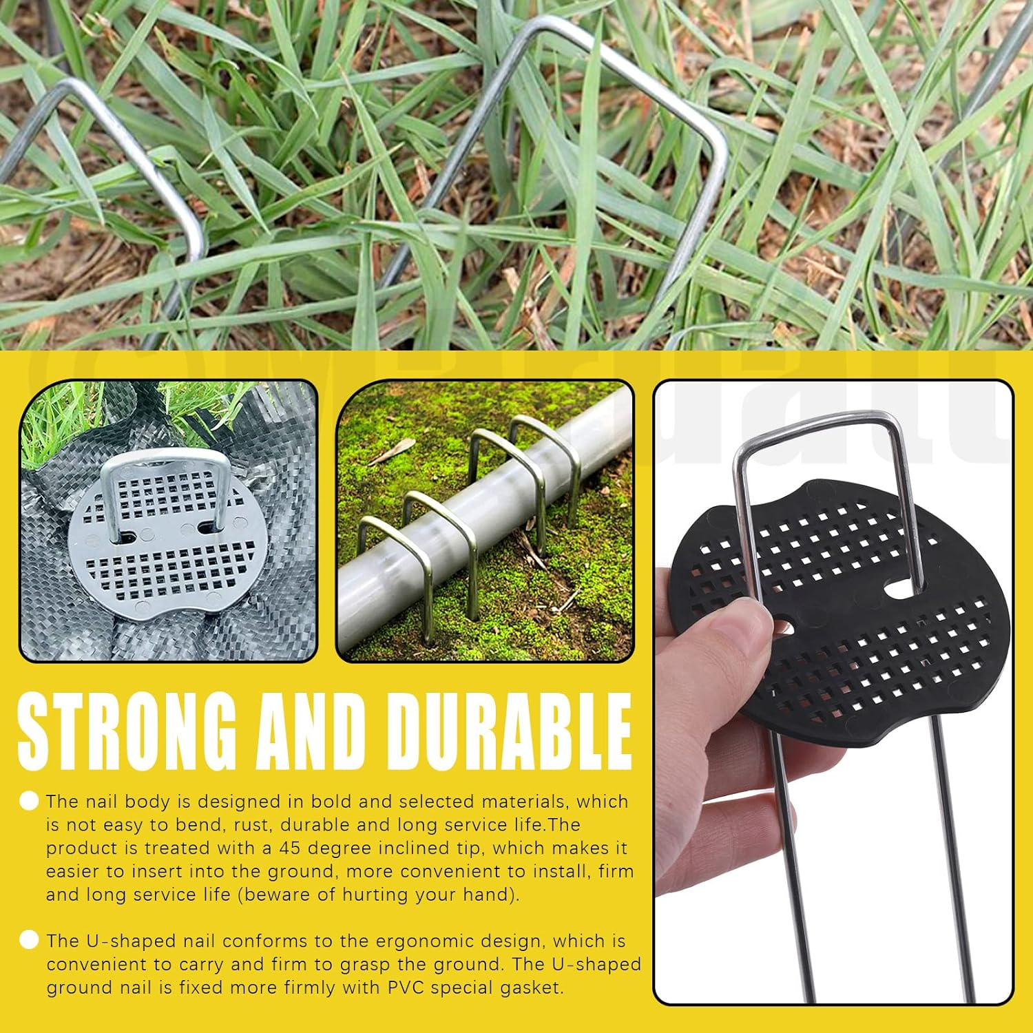 101Pcs 6&rdquo; Garden Staples Gasket Kit with Precision Hook, 11 Gauge Galvanized U Shaped Sod Pins Staples Heavy Duty Ground Cover Stakes for Securing Landscape Fence Fabric Weed Barrier image number 2
