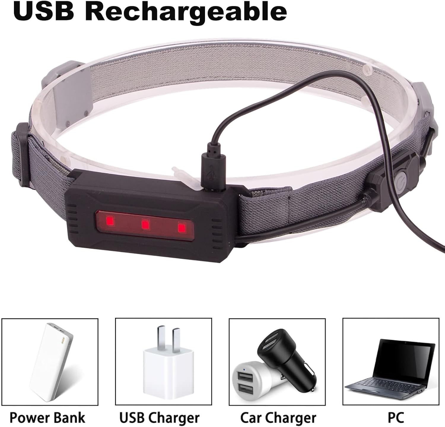 LED COB Head Torch USB Rechargeable 230&deg; Wide Beam 350 Lumen Super Bright Headlamps with Rear Red Warning Light 3 Modes Lightweight Waterproof Headlight for Running Hiking Camping image number 1