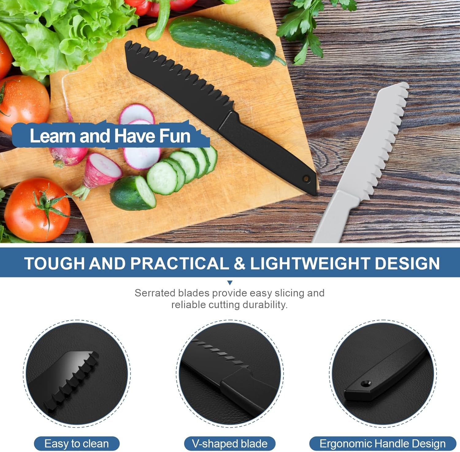 2 Pcs Plastic Knife for Nonstick Pans Lettuce Knife with Serrated Blade Plastic Knife Set for Cutting Fruits, Veggies and Bread, Black and Grey image number 4