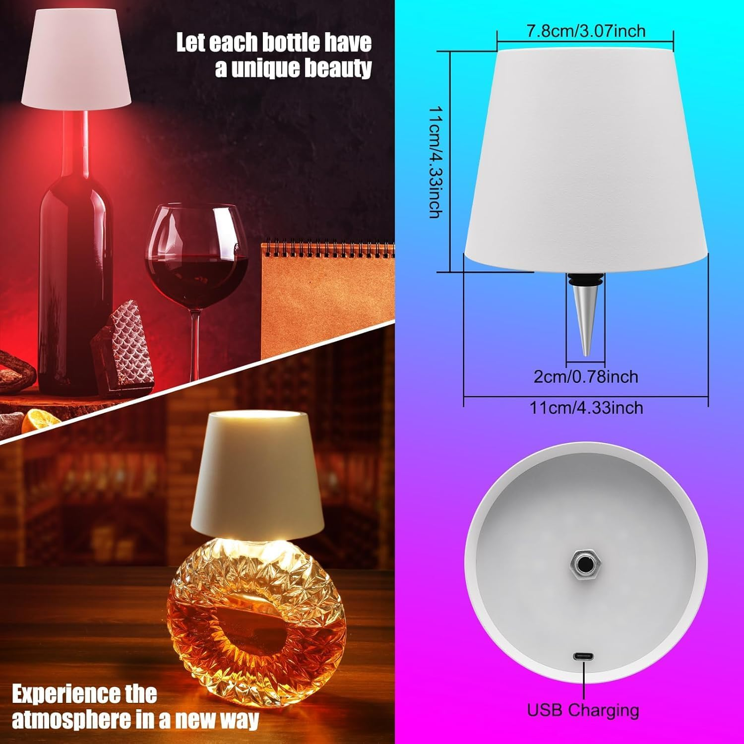 Wireless Bottle Lamp 2000Mah, RGB Mode & 3 Color Stepless Dimming Touch Table Lamp, Rechargeable Atmosphere Lamp for Bars, Cafes, Restaurants, Bedrooms, Outdoor Environments (White, 1Pcs)