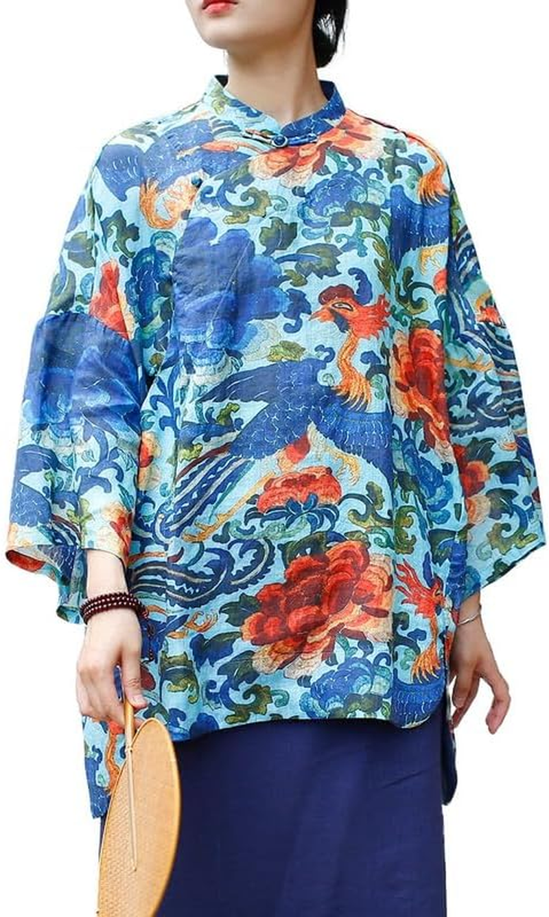 Women'S Vintage Chinese Style Linen Shirt Loose Fit Stand Collar Frog Button Top Blouse
