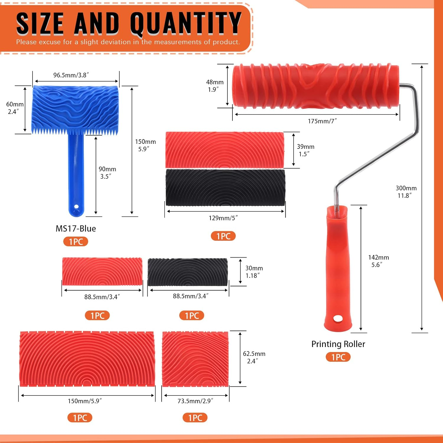 Tanstic 8Pcs Wood Graining Painting Tool Set, Red Black Blue Rubber Wood Grain Tool and Rubber Empaistic Wood Texture Pattern Roller with Handle for Wall Floor Furniture DIY Room Decoration