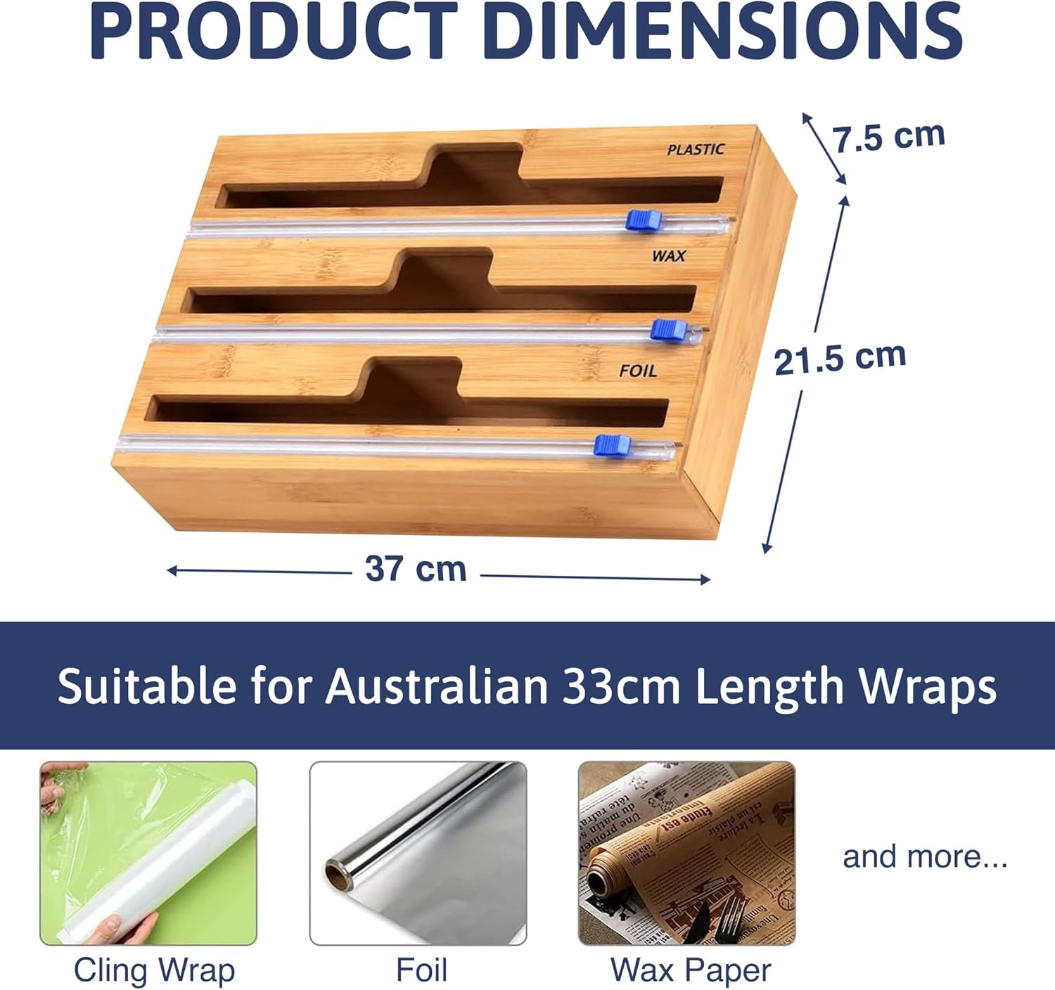 Foil and Cling Wrap Organiser - 3-In-1 Bamboo Wrap Dispenser with Built in Cutter - 33Cm, Fits Australian Cling Wrap, Aluminium Foil, and Baking Paper Rolls, Wall-Mountable or Fits in Draw.