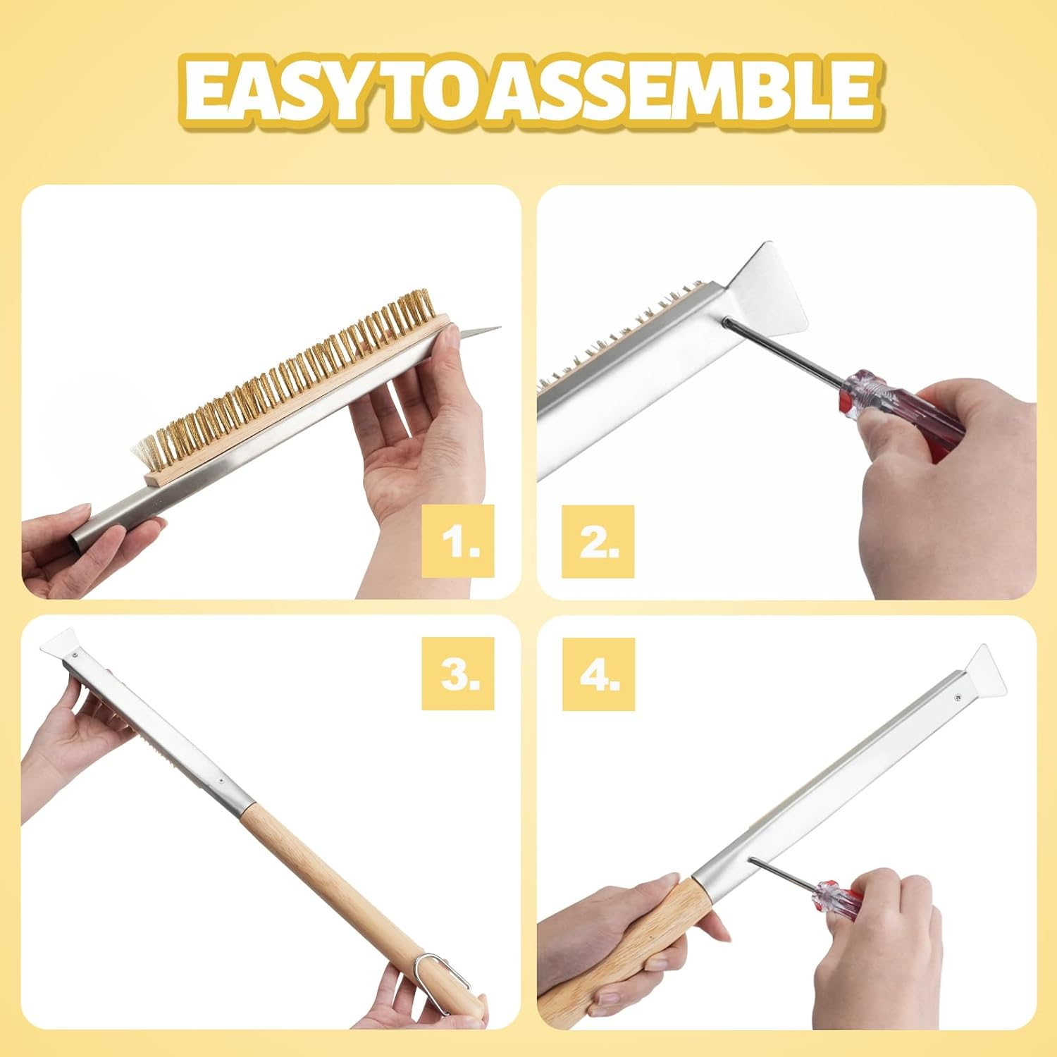 21'' Pizza Oven Brush with Scraper, Brass Bristles Pizza Stone Cleaning Brush with Wooden Long Handle Hanging Ring for Oven Pizza Accessories Outdoor (Copper Wire Brush) image number 6