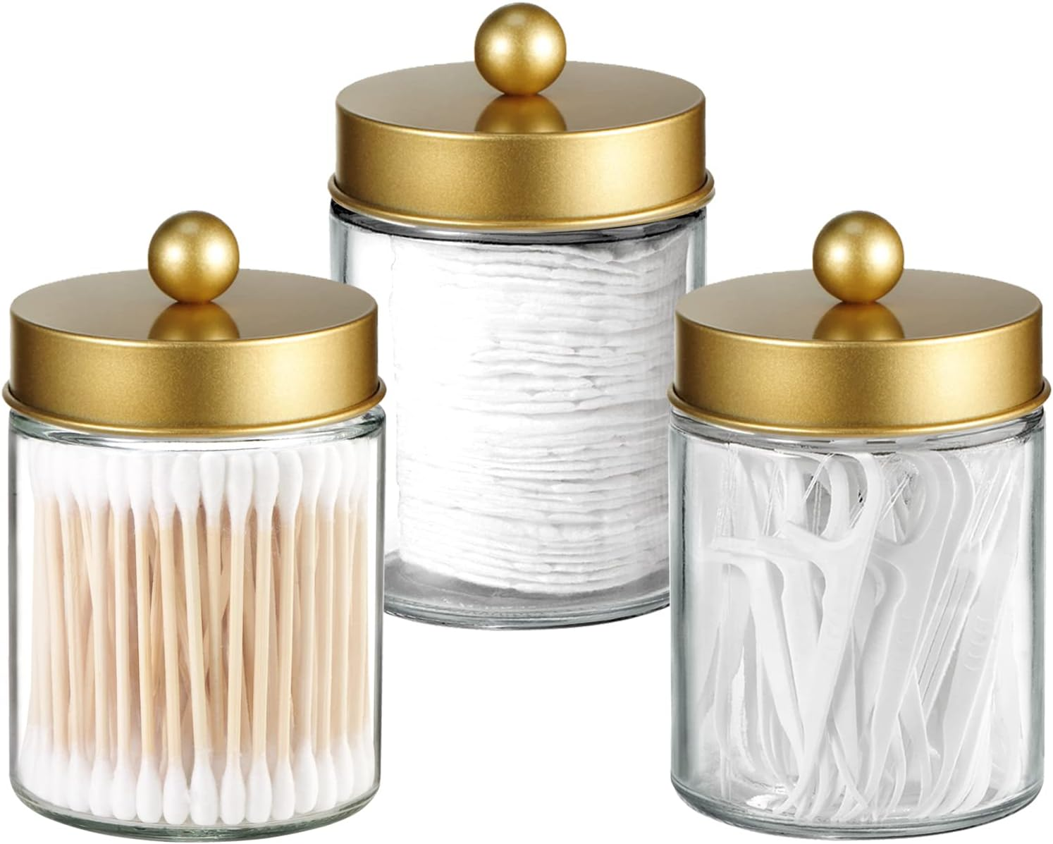 Komashr Apothecary Jar Canisters Bathroom Vanity Organizer - Qtip Holder Storage Organizer Countertop -Stainless Steel Lids &Cute Stickers for Qtips,Cotton Swabs,Makeup Sponges,Floss(3 Pack) (Gold)