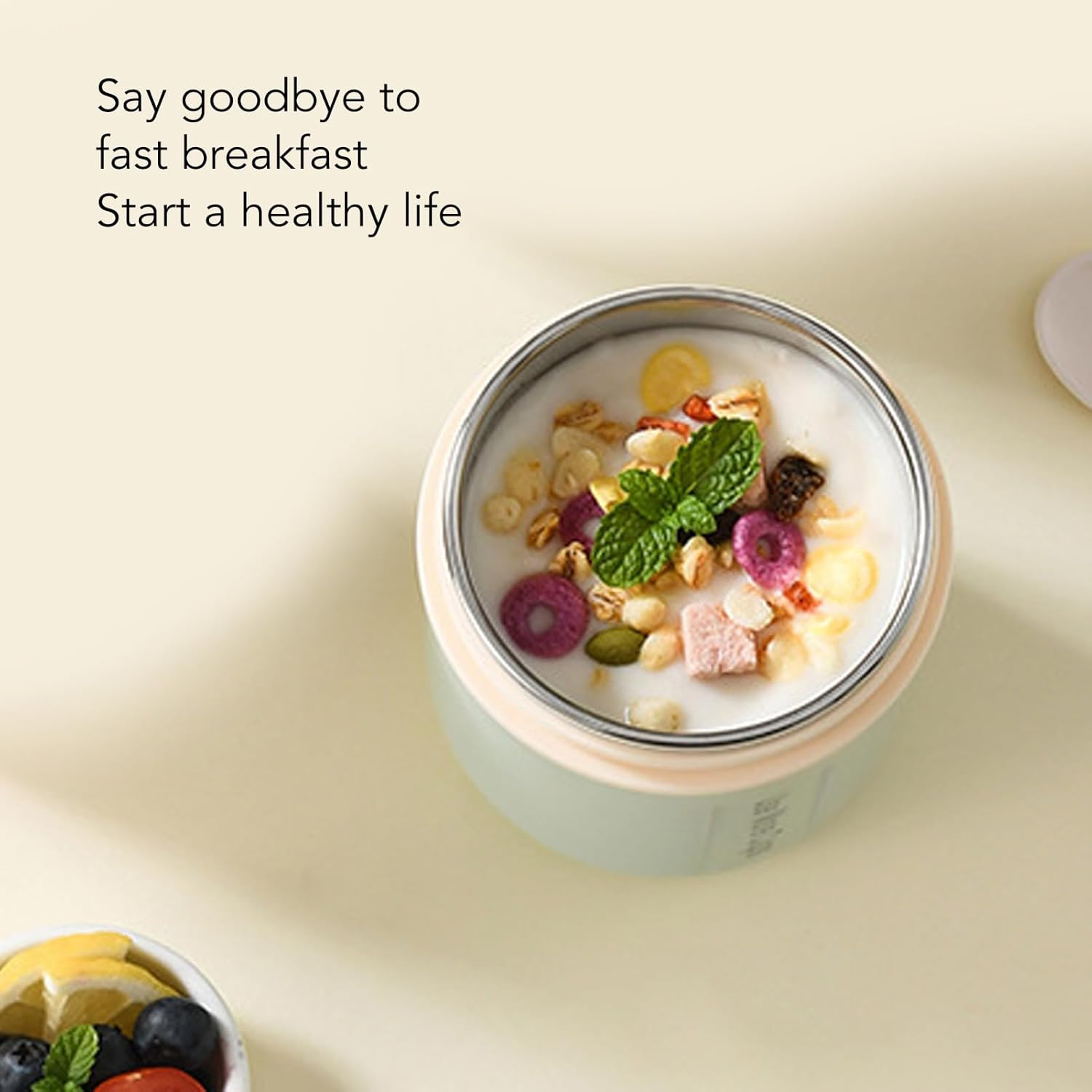 Insulated Food Jar, 500Ml Kids' Vacuum Triple Layer Insulated 304 Stainless Steel Food Jar, Leakproof Lid Soup Thermos for Hot Food with Folding Spoon, for Hot & Cold Food (Mint image number 2