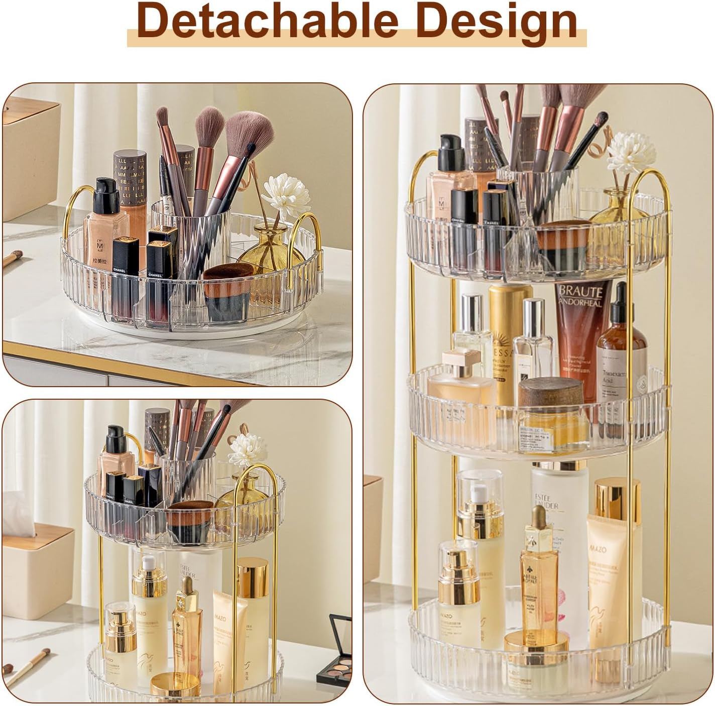 Rotating Makeup Organiser, Spinning Cosmetic Display Cases Vanity Organizer Countertop with 3 Layer Spacious Capacity and Divided Top for Skin Care,Makeup Brush,Lipstick,Perfume,Jewellery Organiser image number 6