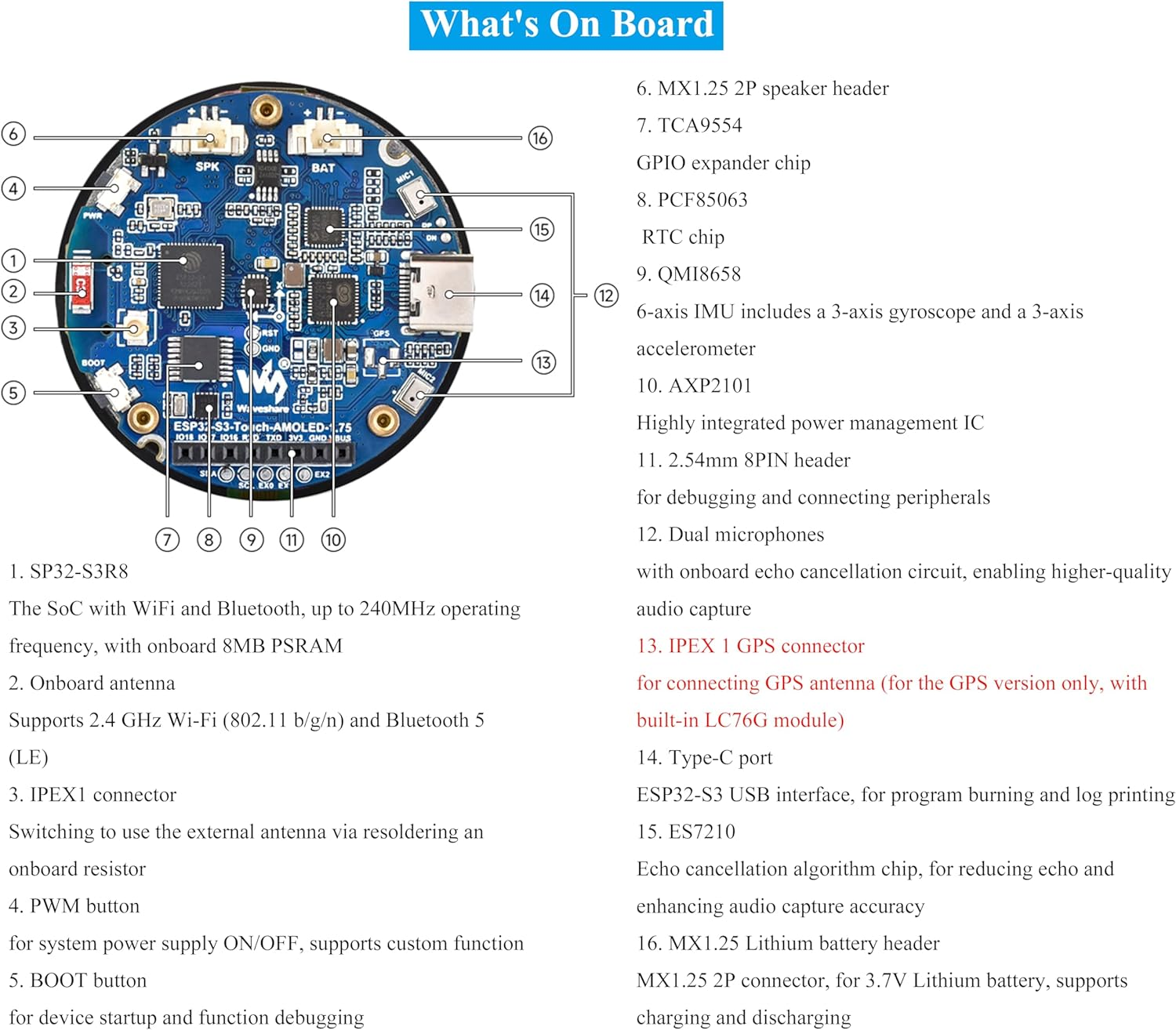 ESP32-S3 with 1.75Inch AMOLED round Touch Display Development Board, 466X466, QSPI Interface, Onboard Dual Digital Microphone Array, Support AI Speech Interaction, with 8&Omega; 2W Speaker and Case image number 4