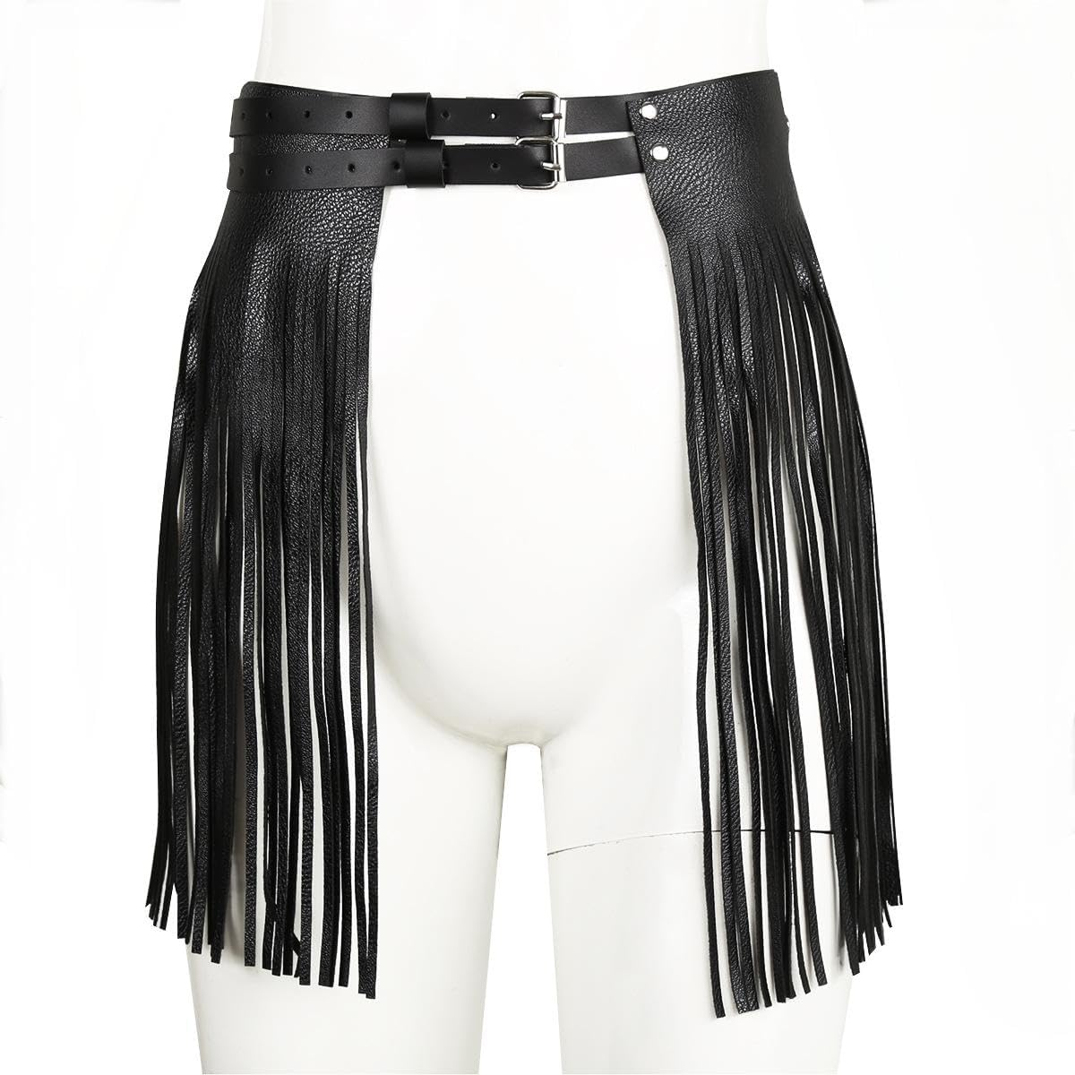 Pu Leather Fringe Skirt Waist Belt，Black Adjustable Rock Style Belt for Women'S Dance Performance Costumes,Punk Waist Belt Skirt for Rave Party Summer Beach Belts Hip Scarf image number 4