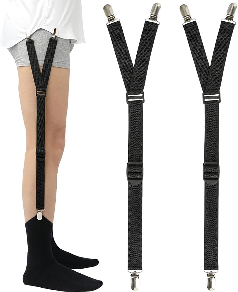 LINKPEACE Men'S Shirt Stays Adjustable Soft and Smooth Elastic with Non Slip Clips Perfect Sock Garters for Military or Professional,One Size（ Black Y Style Wave Pattern）