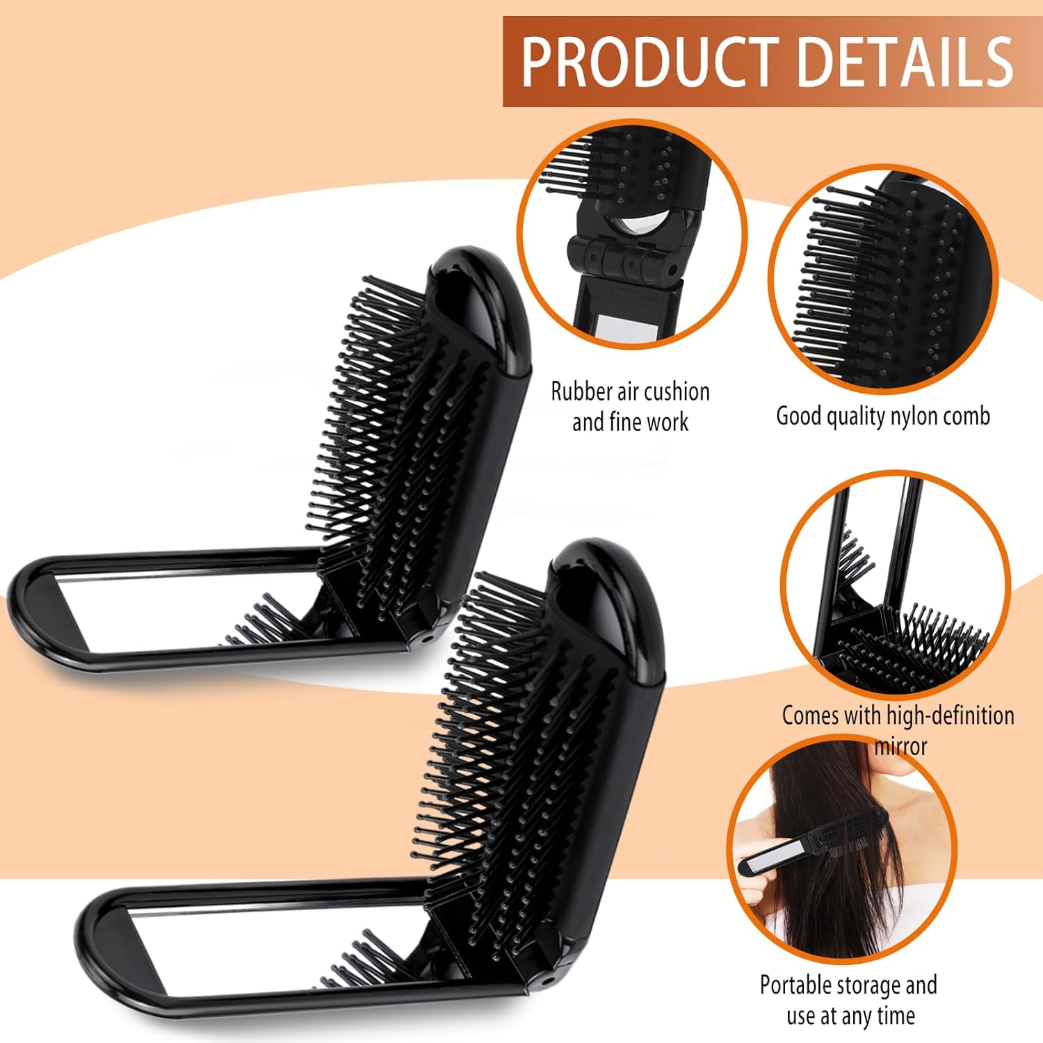 2 Pack Foldable Hair Brush with Mirror Mini Compact Travel Hairbrush Small Massage Comb Portable Hair Styling Tools Pocket Folding Hairbrush for Women Girls Men Home Outdoor Travel Purse Essential image number 1