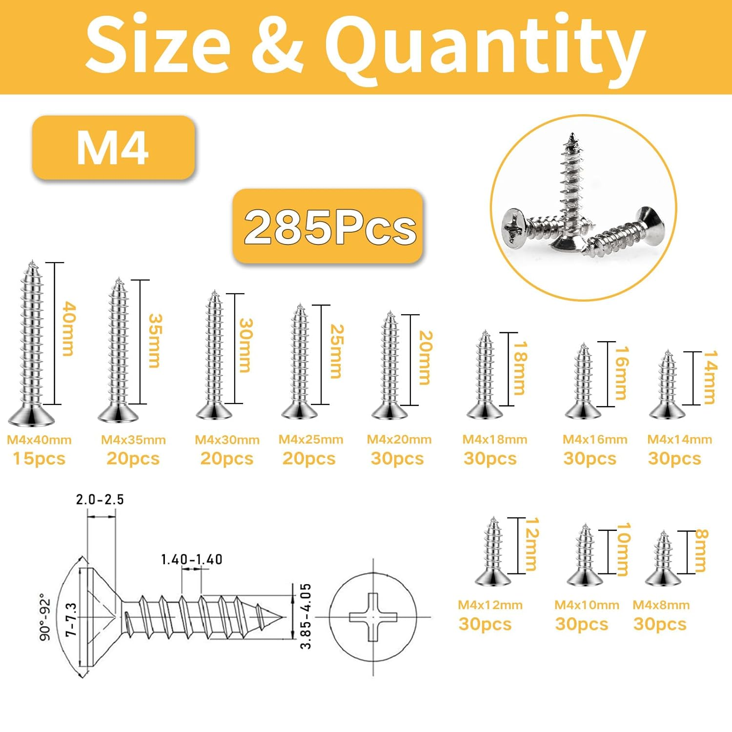 M4 Silver Wood Screws Countersunk Head Self-Tapping Screws 285Pcs Metric M4X8/10/12/14/16/18/20/25/30/35/40Mm Wood Fasteners Carbon Steel Screws Assortment Kit