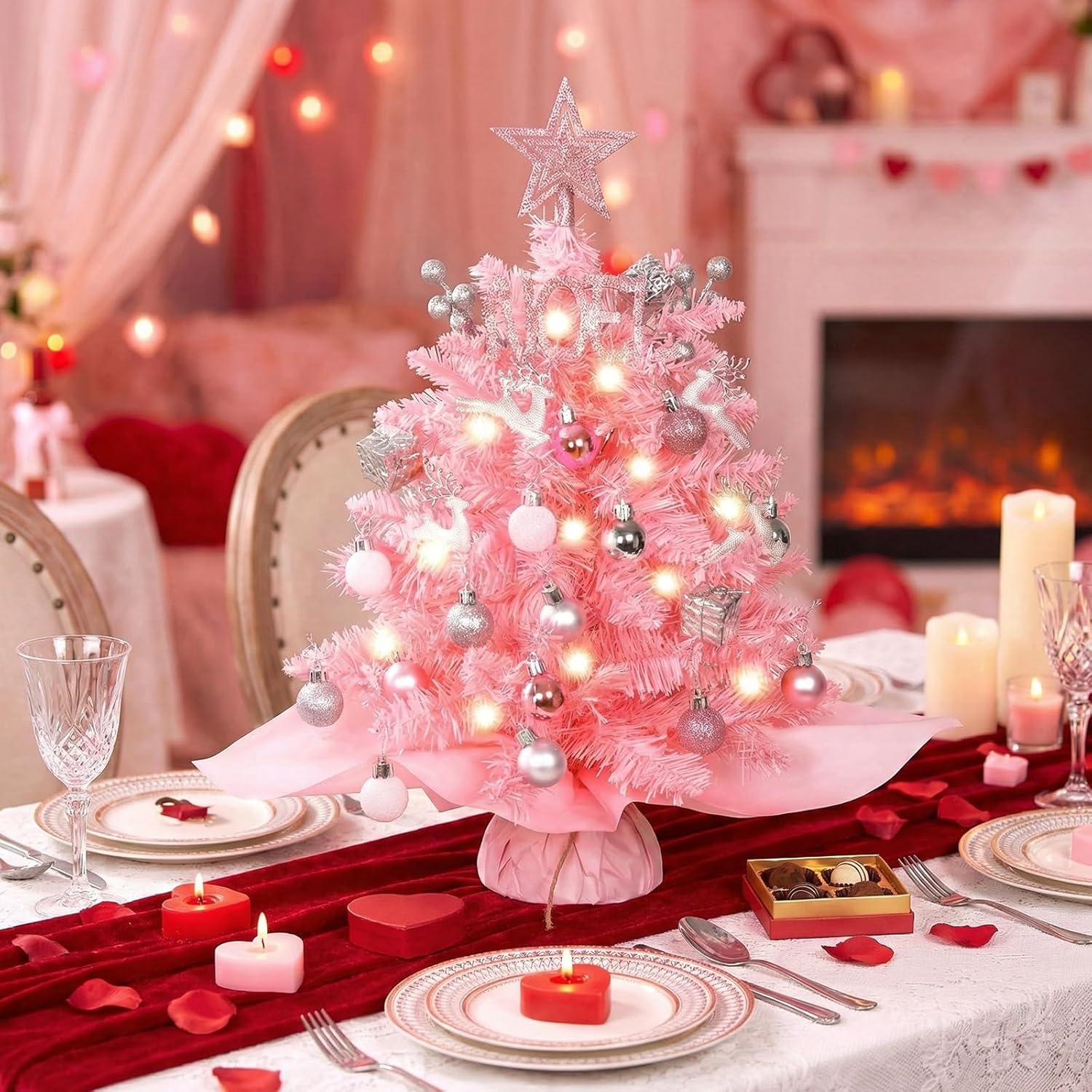 20" Mini Pink Christmas Tree, Artificial Small Table Top Christmas Tree with Warm Lights, Star Treetop and Ornaments, Tabletop Christmas Tree for DIY Pink Christmas Decoration Gifts - Pink image number 3