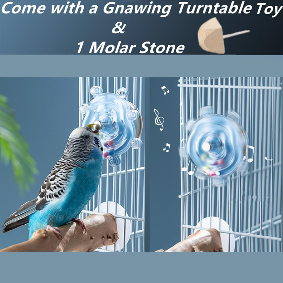 Bird Mirror with Standing Pole, with 1 Bird Turntable Nibble Toy, 1 Molar Stone, Parrot Cage Toy for Parakeet African Grey Conure Cockatiel Turtle Dew Finch Canarie