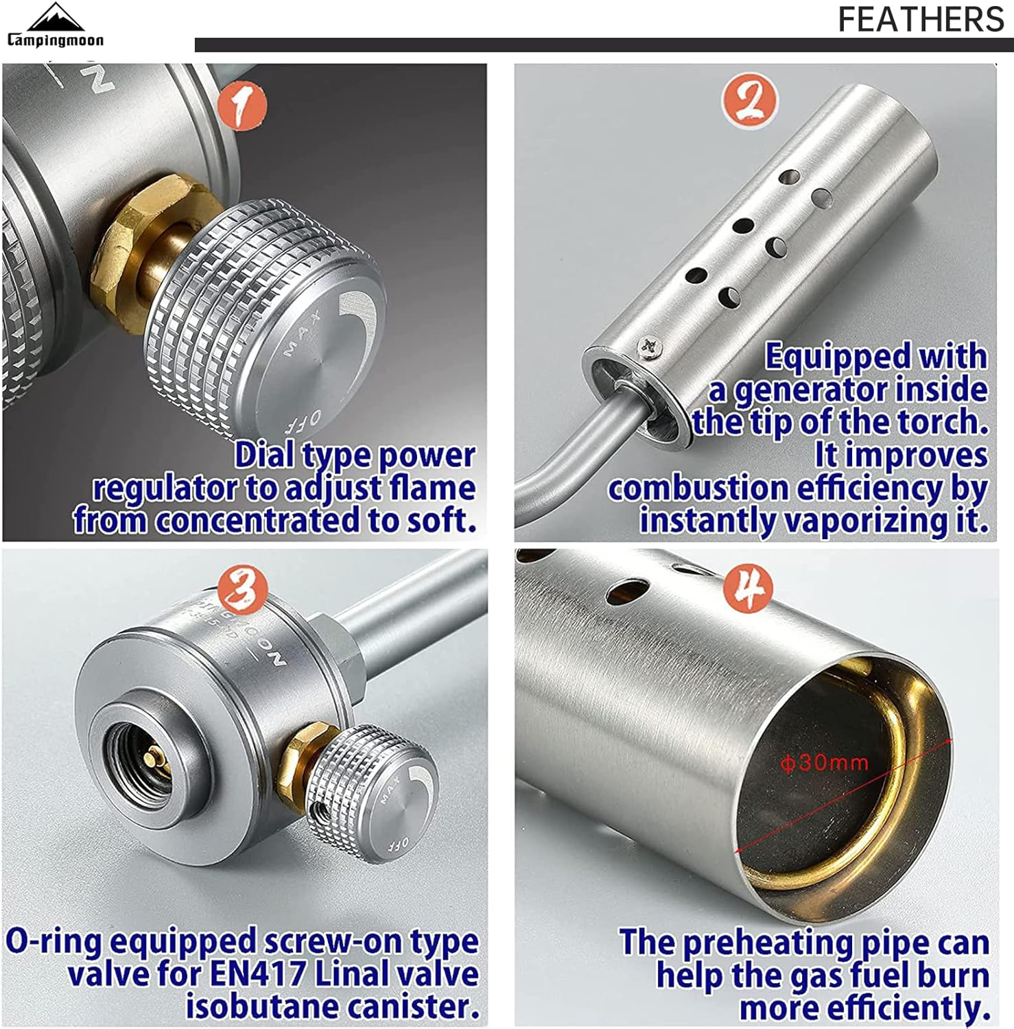 Campingmoon Butane Gas Torch High Power Kitchen Blow Torch for Cooking Flame Adjustable Gas Torch for Outdoor Charcoal Starter BBQ, Baking, Brulee image number 1