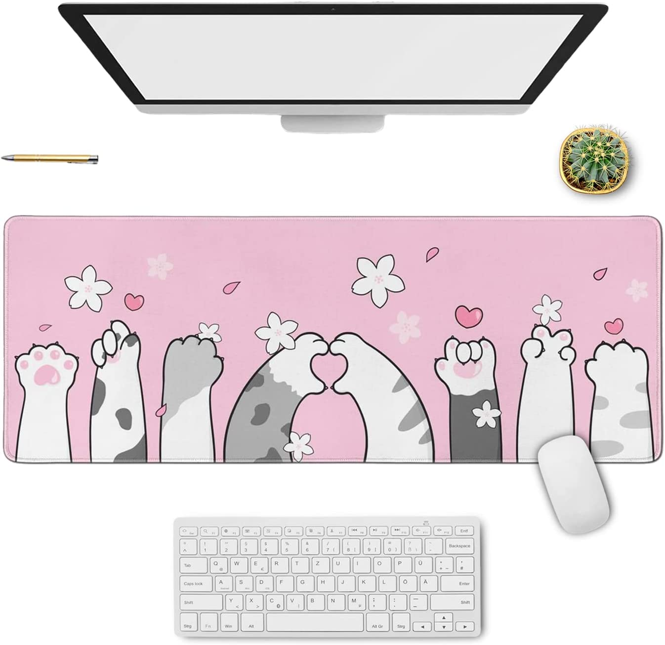 Japanese Cherry Blossom Sakura Mouse Pad Black XL, Extended Large Mouse Pad, Kawaii Pink Black Mousepad, Moon Floral Long Big Desk Mouse Mat, Cherry Blossom Decor Stuff Accessories, 31.5 X 11.8 Inch