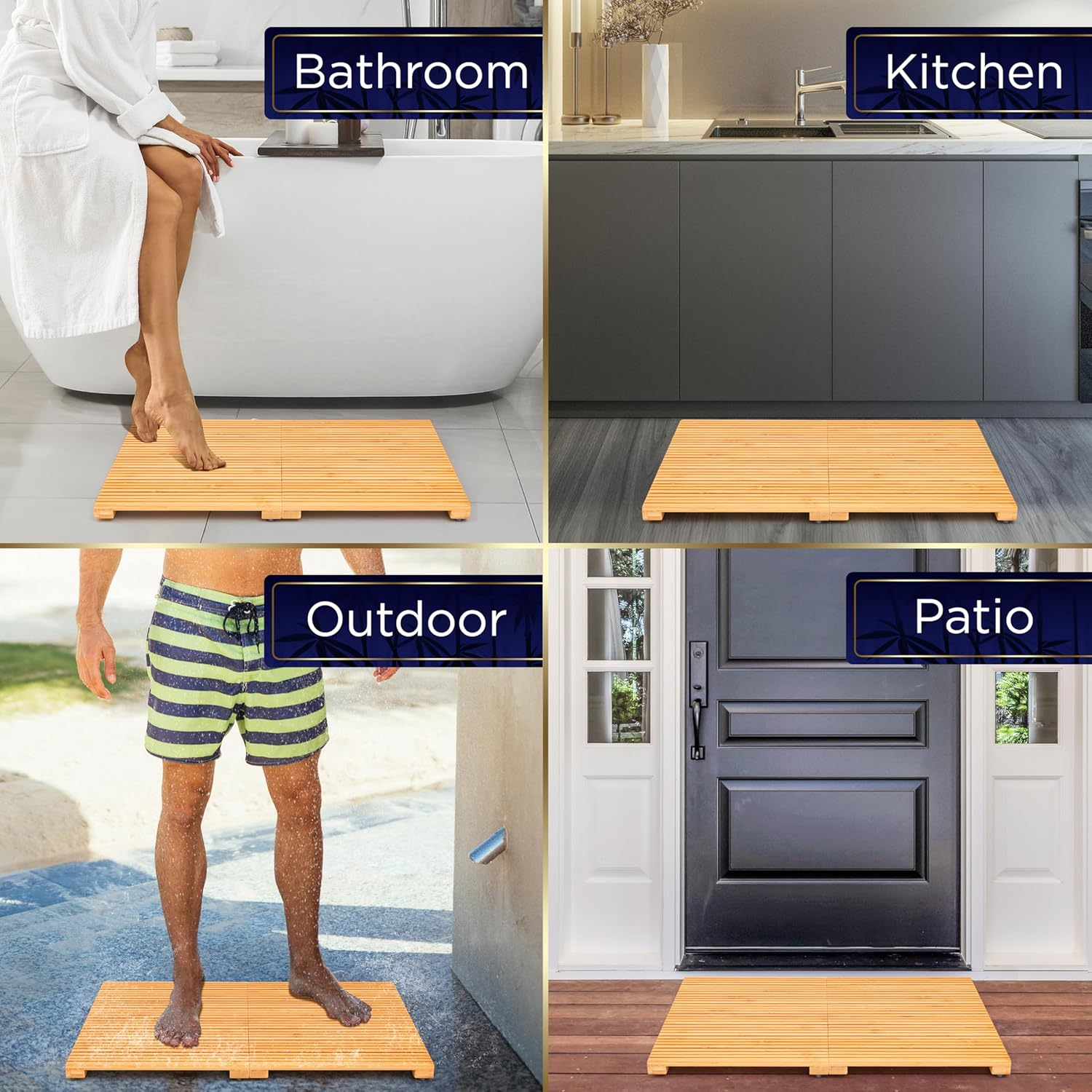 Serenelife Foldable Bamboo Bath and Shower Mat, Non-Slip Floor Mat for Bathroom, Sauna, Spa - Dual Non-Slip Surfaces, Withstands up to 300Lbs Weight, Easy Storage - Natural image number 4