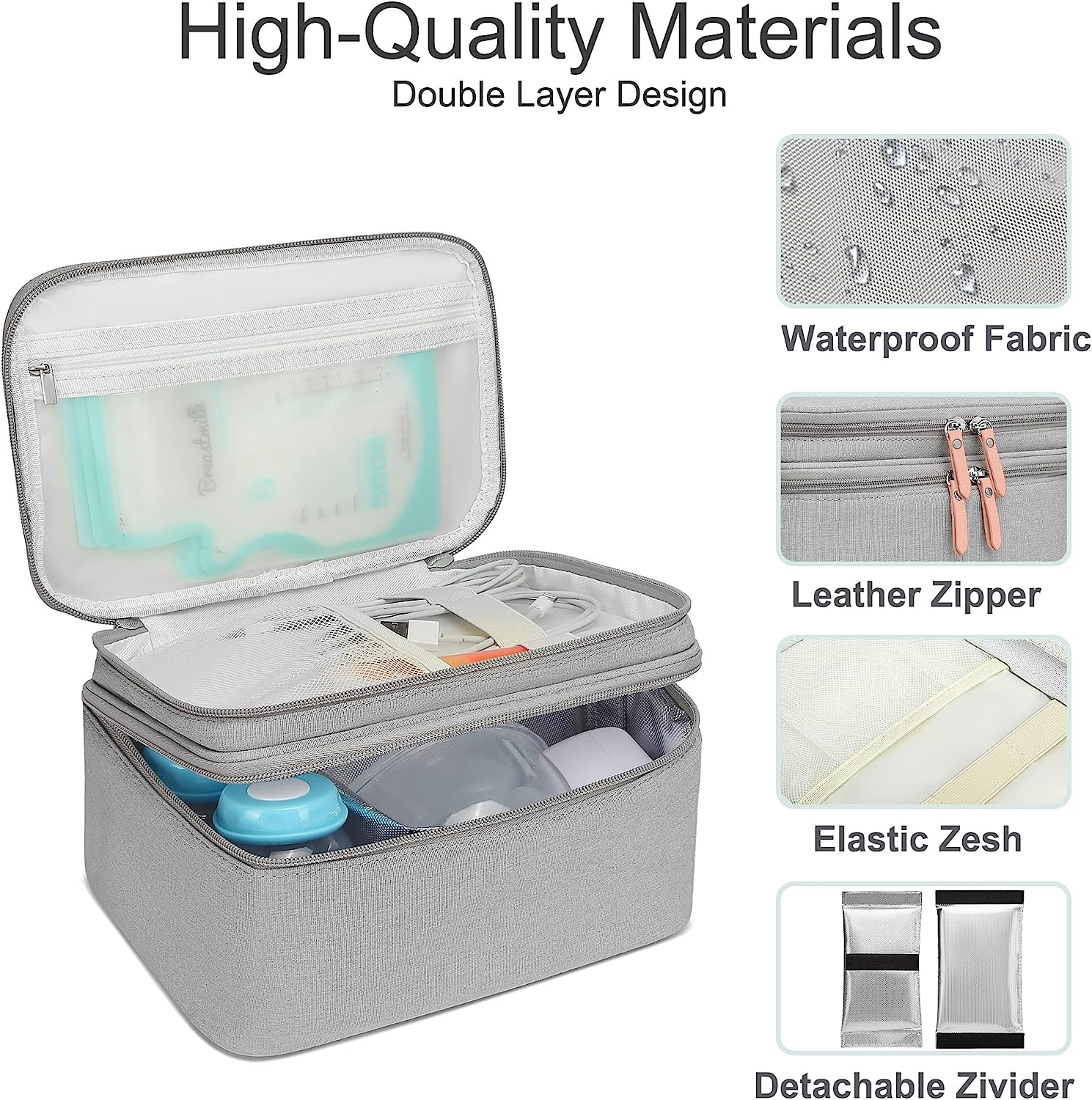 QIUXQIU Breast Pump Bag for Hands-Free Wearable Breast Pumps、Bottles,Pump Parts, and Storage Bag，Tote Bag，Multi-Function Breastmilk Cooler Bag Insulated Bag(Gray) image number 3