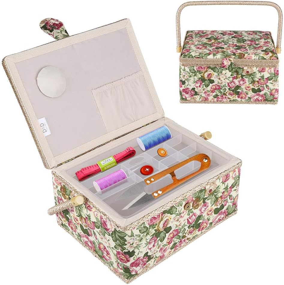 Garden Rose Sewing Box (G Type), Fabric Floral Printed Sewing Basket Craft Box Household Sundry Storage Organizer with Handle Built-In Pin Cushion Interior Pocket image number 4