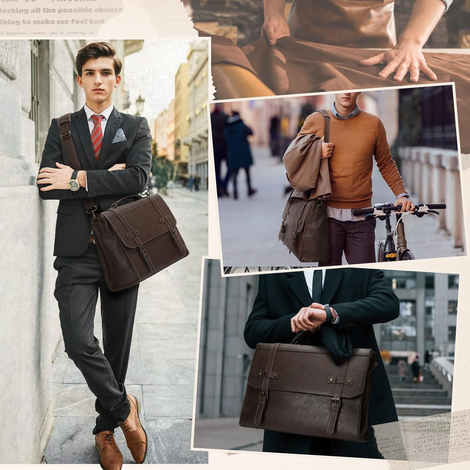 Mens Messenger Bag 17 Inch Waterproof Vintage Leather Laptop Briefcase Large Laptop Bag Satchel Bag Computer Shoulder Bag - Coffee image number 3