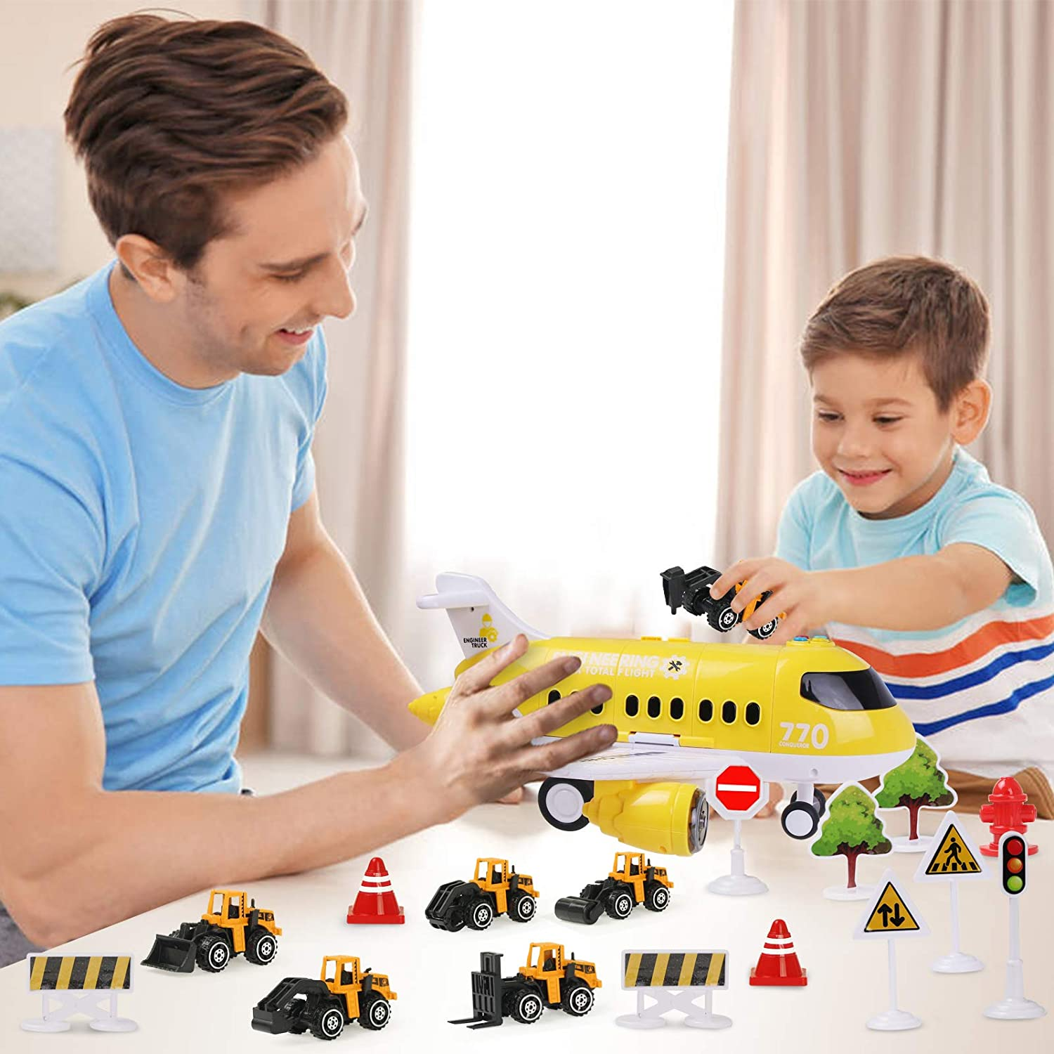 Coolplay Carrier Toy Plane Mini Construction Vehicles Set for Kids Gift Little Car Toy with Road Signs for Boys and Girls