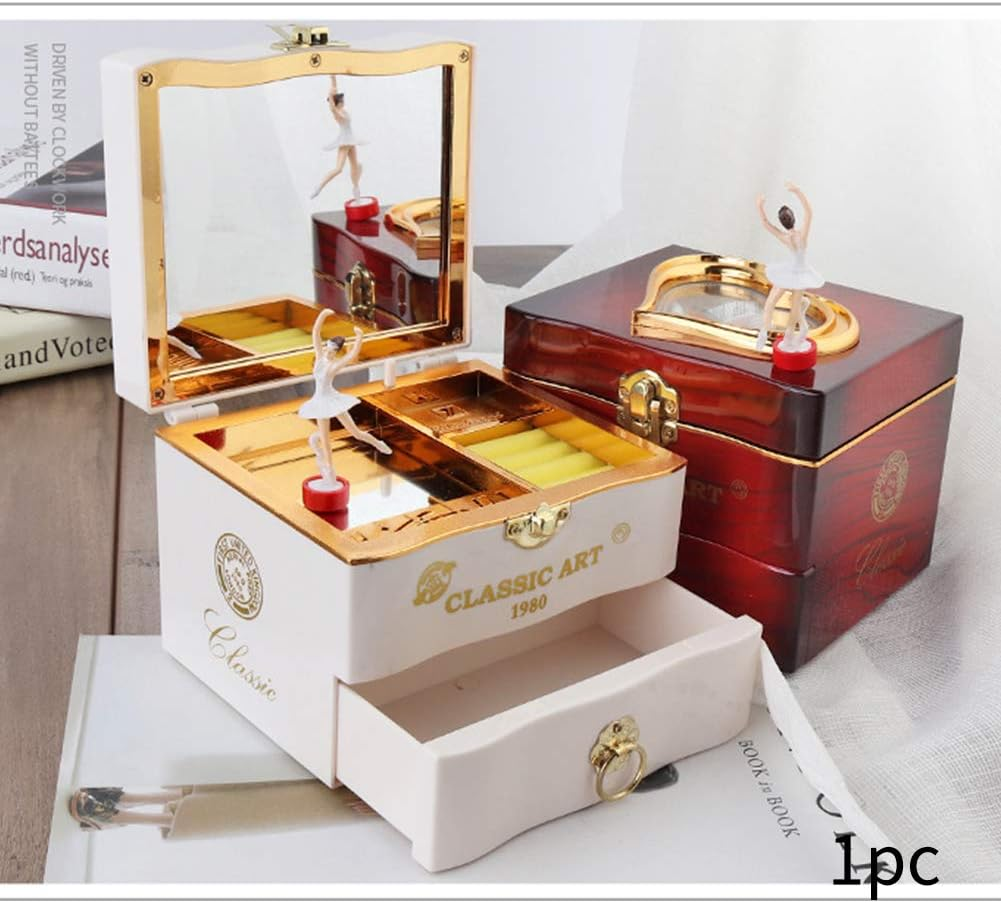Restynic Rotating Ballerina Music Box Jewelry Storage with Mirror & Organizer - Elegant Ballet-Themed Gift for Girls & Women, Perfect for Birthdays, Christmas, or Special Occasions (White, Small)