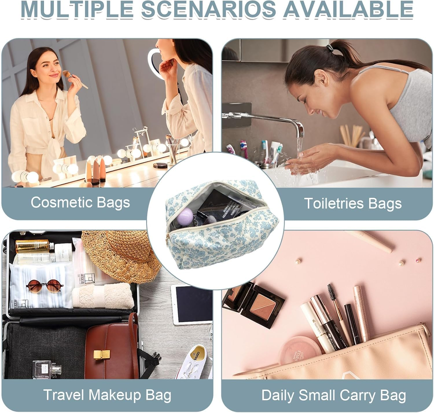 Makeup Bag Travel Cosmetic Bag for Women Girls, Zipper Make up Pouch, Floral Flowers Toiletry Organizer Makeup, Portable Storage Cosmetic Travel Cloth Bag (Blue Floral) image number 1