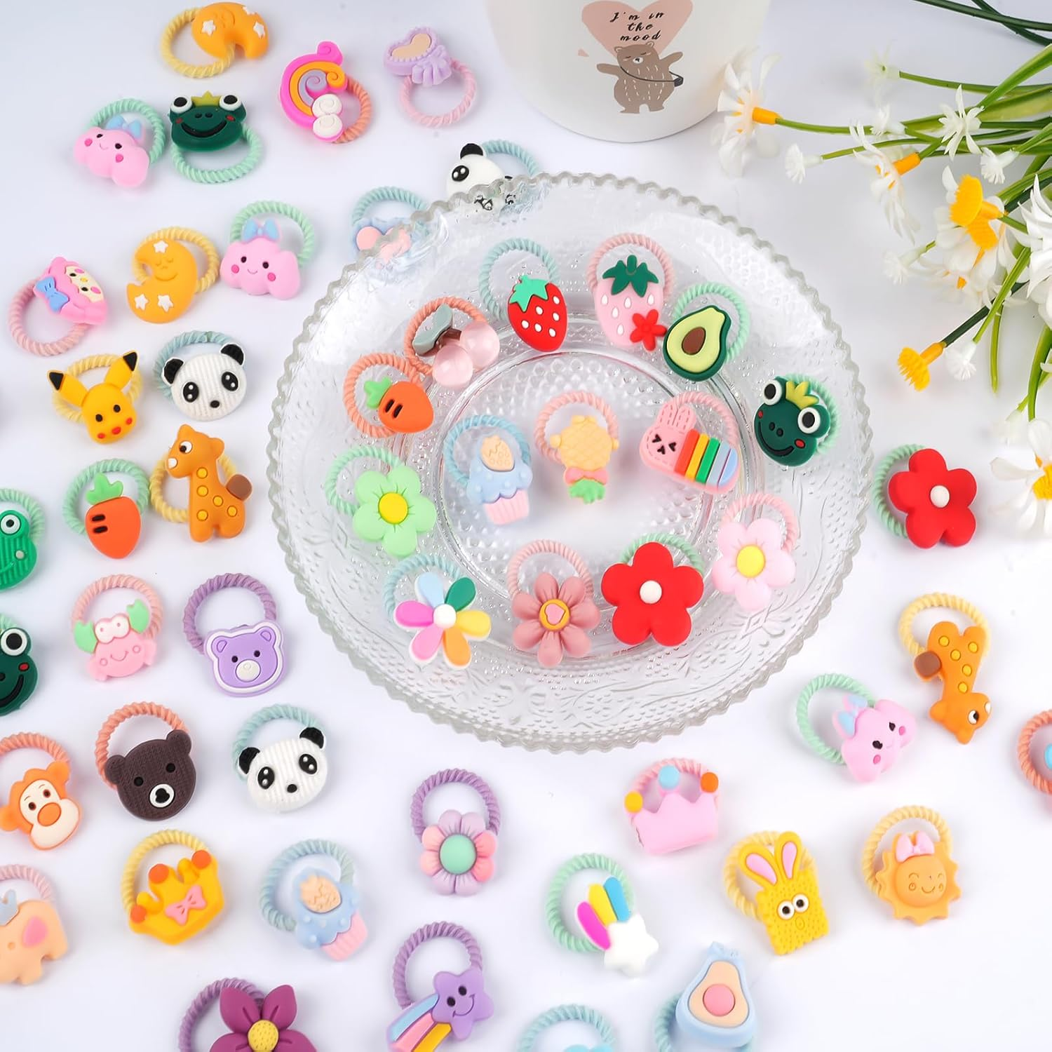 Pack of 100 Colourful Hair Bobbles Girls Elastic Baby Hair Bobbles Cartoon Hair Bands Girls Kids Hair Bobbles Small with Bows, Animal, Flower and Fruit Patterns