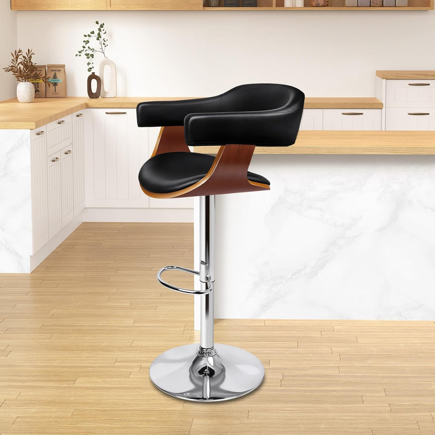 ALFORDSON Bar Stool Adjustable Kitchen Barstool Joan Swivel Counter Dining Chair in 61-82Cm Seat Height with Anti-Slip Floor Protector Barstool Furniture for Home Bar Countertop (White)