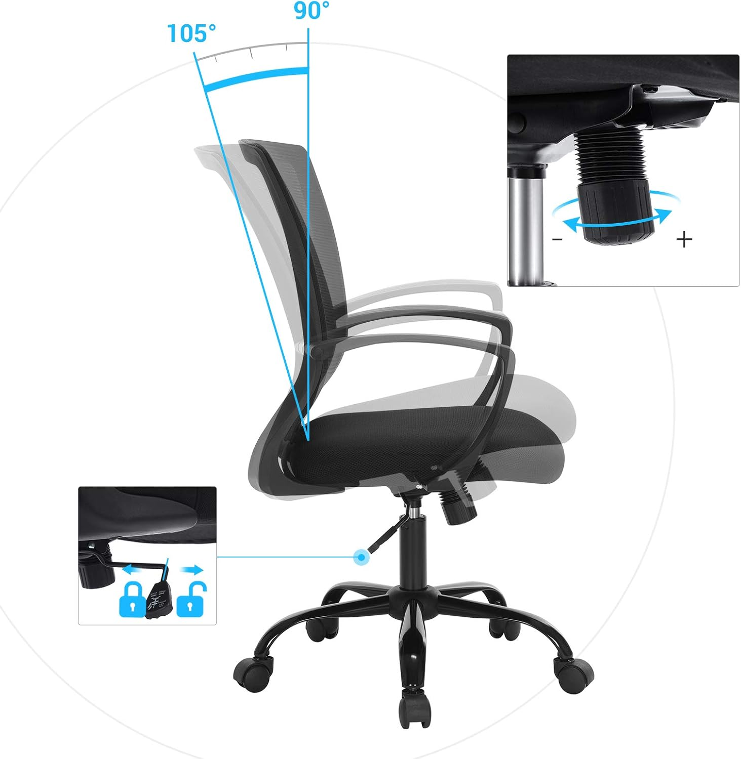 SONGMICS Office Chair, Desk Chair with Mesh Covering, Height-Adjustable Computer Chair, Swivel Chair, Rocking Function, Breathable, Office, Study, Load Capacity up to 120 Kg, Black OBN22BK image number 6