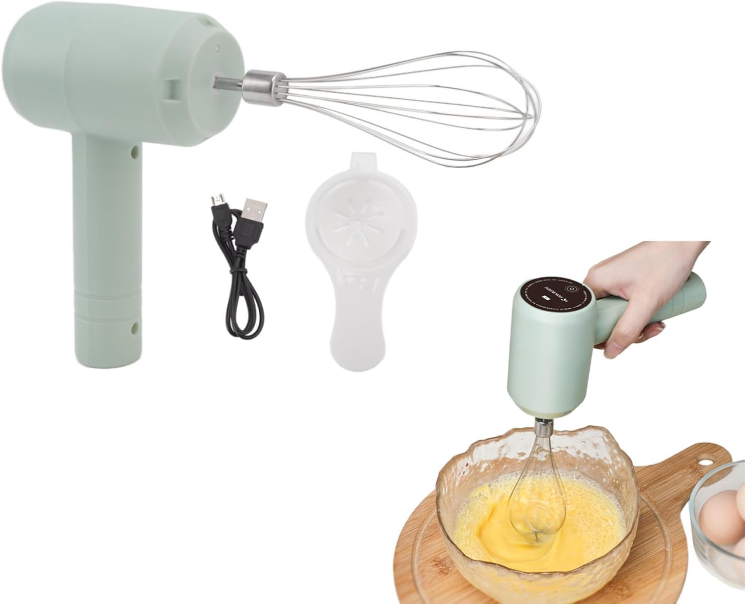 Uadme Mini Electric Whisk, 20 W Low Power Handheld Kitchen Mixer Automatic USB Rechargeable Portable Wireless Hand Mixer Electric for Sauce Cake Egg Cream (Green)
