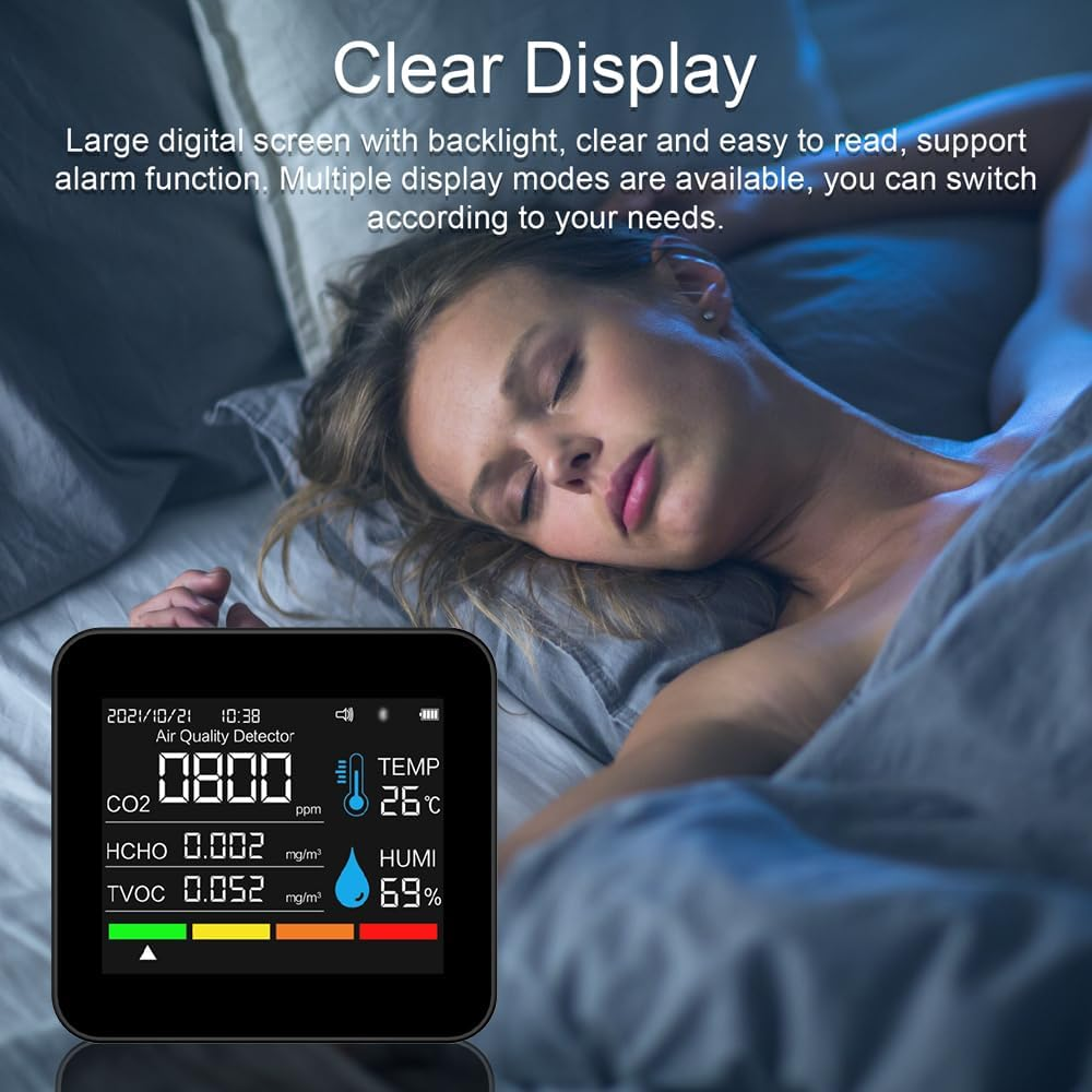 9 in 1 BT Air Quality Monitor CO2 Meter Carbon Dioxide Detector Time/Date CO2 TVOC HCHO PM2.5 PM1.0 PM10 Temperature Humidity Detection Support APP Control with Alarm Function for Home Offic-Gtrh image number 6