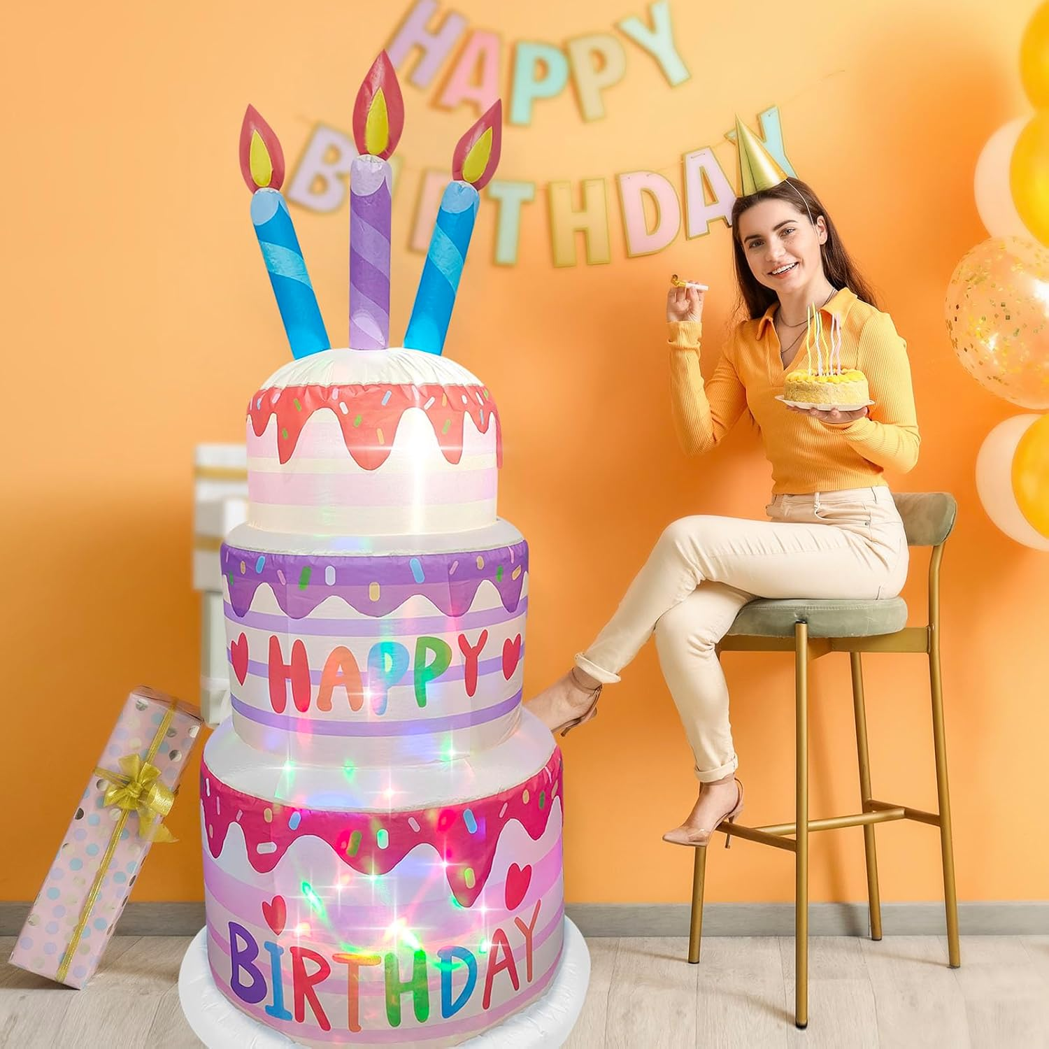 6 Ft Happy Birthday Inflatable Cake Decor with LED Lights &ndash; Outdoor Blow up Yard Sign, Indoor Party Decoration for Home, Lawn, Garden Celebration image number 1