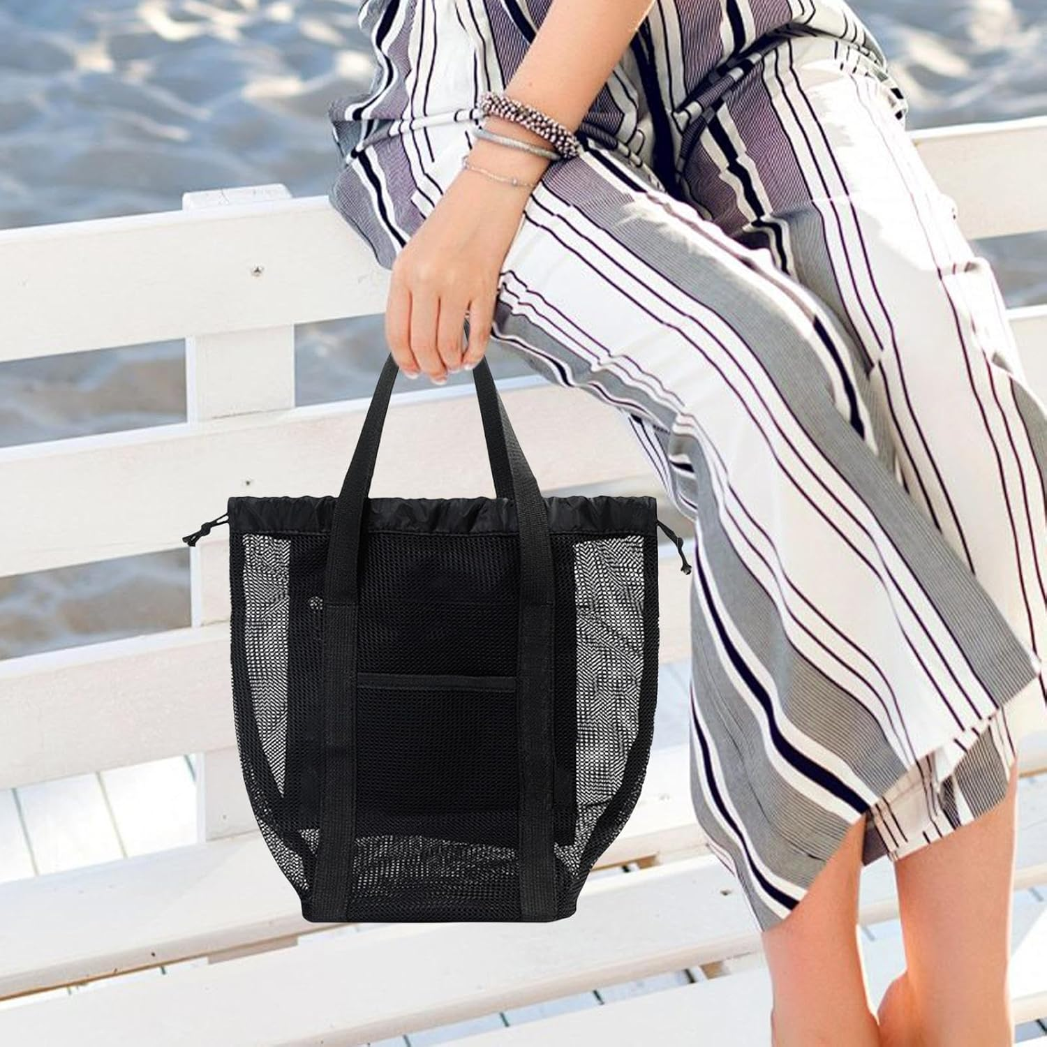 Mesh Beach Bag, Grocery Storage Tote, Lightweight Swim Pool Bag, Outdoor Activity Organizer, Sturdy Spacious Travel Accessory for Towels Sunscreen Clothes And image number 1