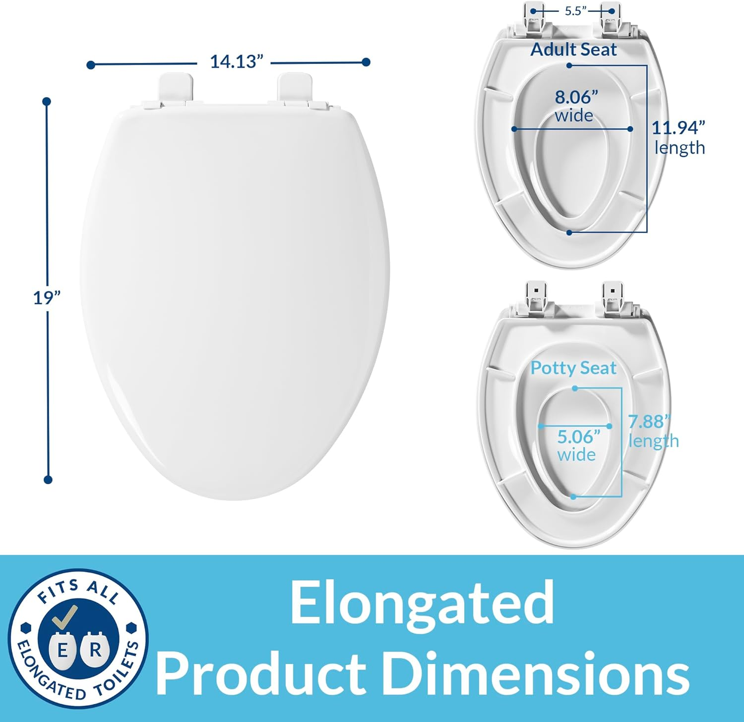 Little2Big 1881SLOW 000 Toilet Seat with Built-In Potty Training Seat, Slow-Close, and Will Never Loosen, Elongated, White
