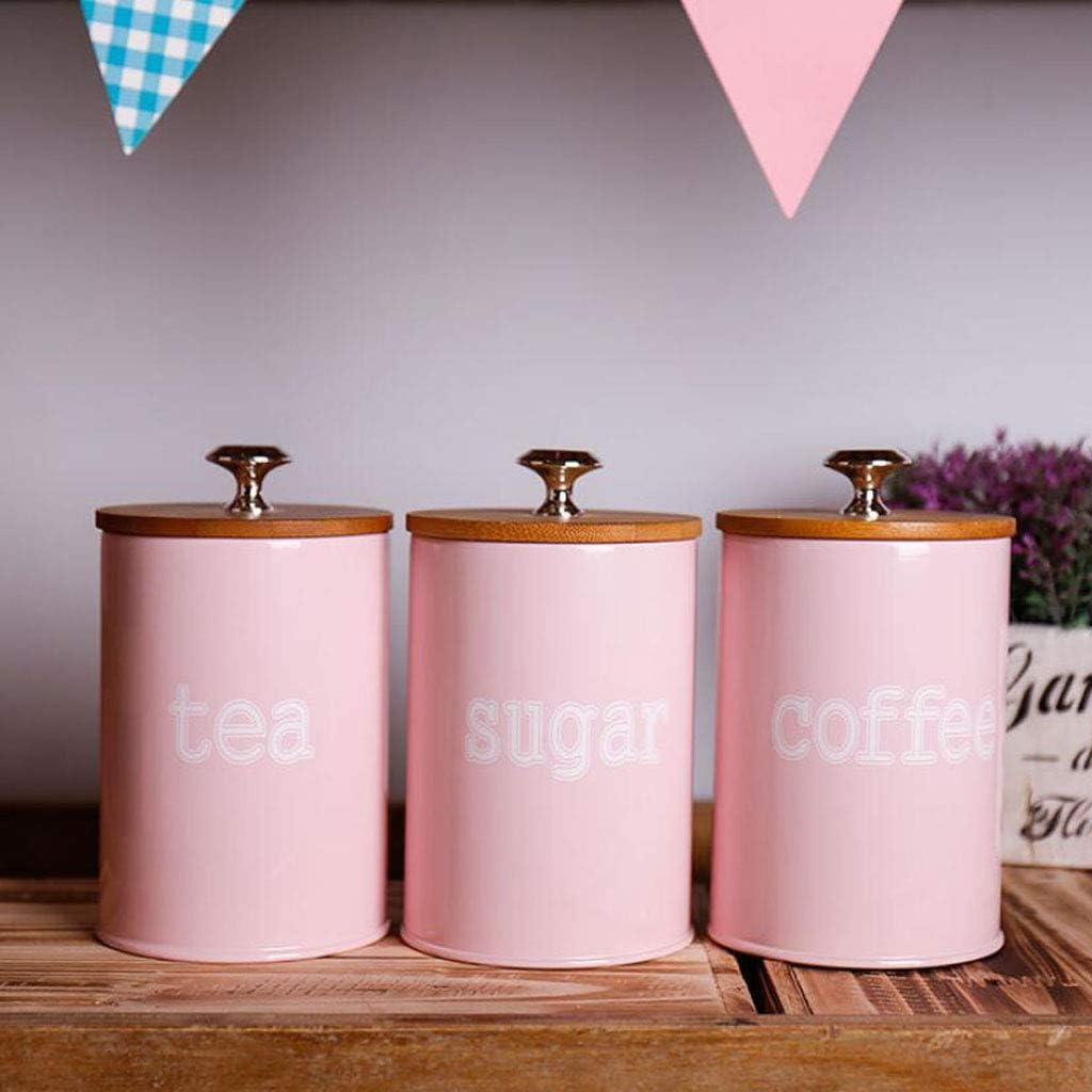Set of Food Storage Canister with Wooden Lid - Metal Food Storage Canister, Food Storage Jar for Coffee, Sugar, Tea, Spice and Pink image number 2