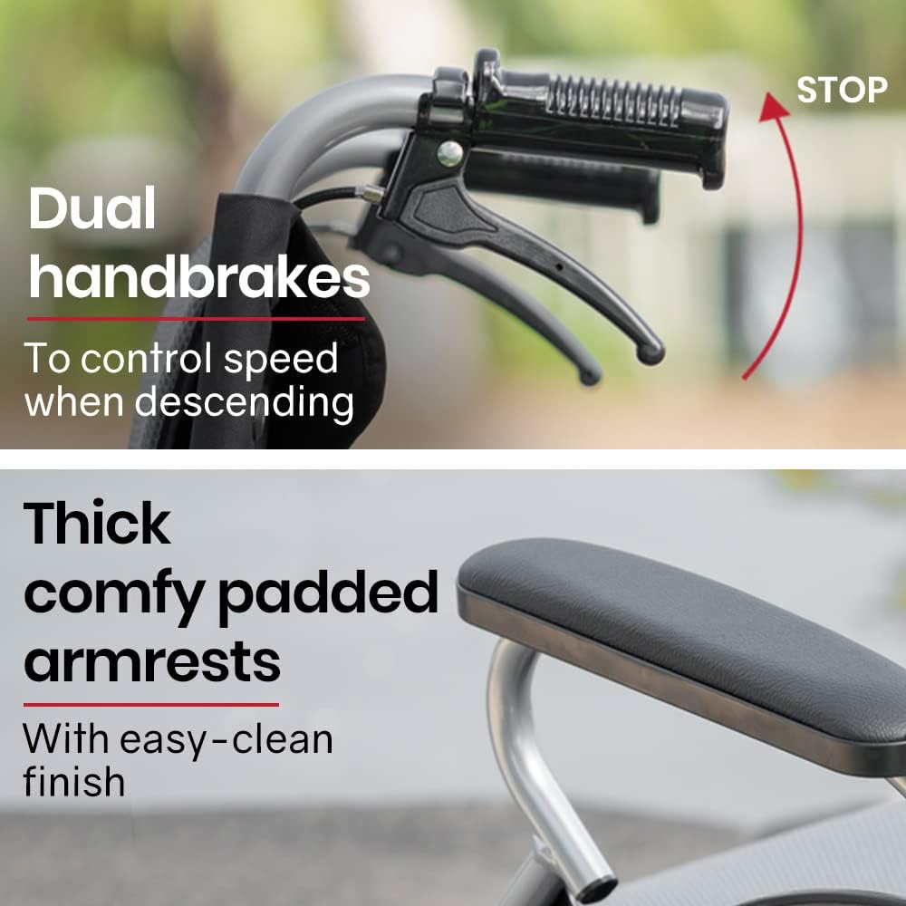 "Equipmed Folding Wheelchair 20 Inch Aluminium Portable Lightweight Wheel Chair with Park Brakes and Padded Armrests, 100Kg Capacity, Grey/Black" image number 4