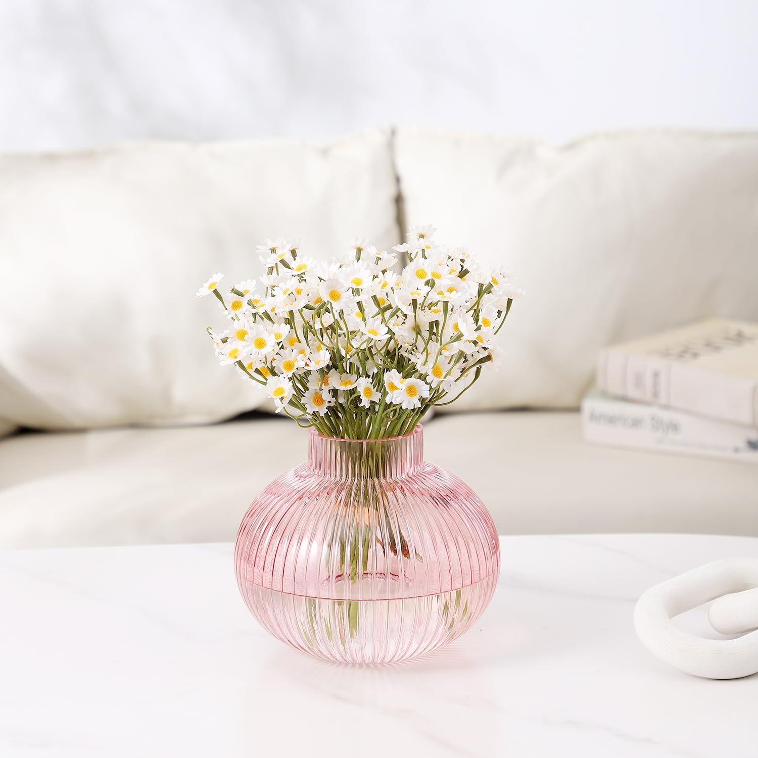 Pink Glass Vase for Flowers, Ribbed Glass Vase, round Flower Vases for Tulips, Short Vases for Living Room, Office, Coffee Table, Shelf, Wedding, 6 Inches