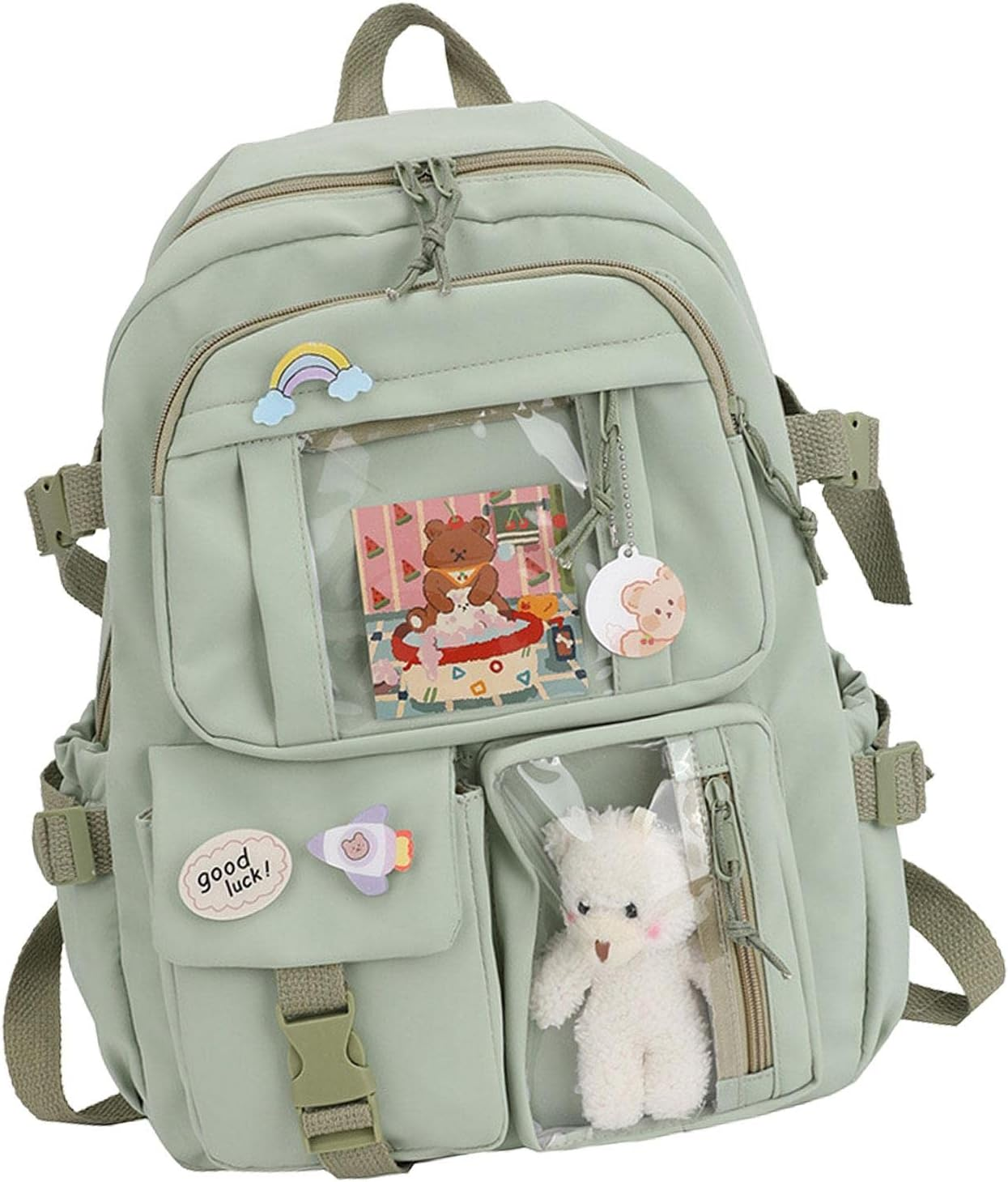 Backpack with Cute Pin & Plush Bear Accessories, Cute School Backpack Pastel Aesthetic Backpack for Girls - Beige image number 6