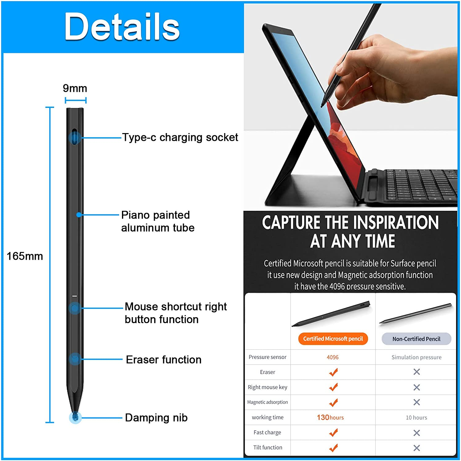 Stylus Pen for Microsoft Surface Pro X/8/7/6/5/4/3, Surface Go 3/2/Book 3/2, Surface Laptop 4/3/Laptop Go/Studio 2 - Compatible with Asus Vivobook, Dell, HP Tablet Pen image number 3