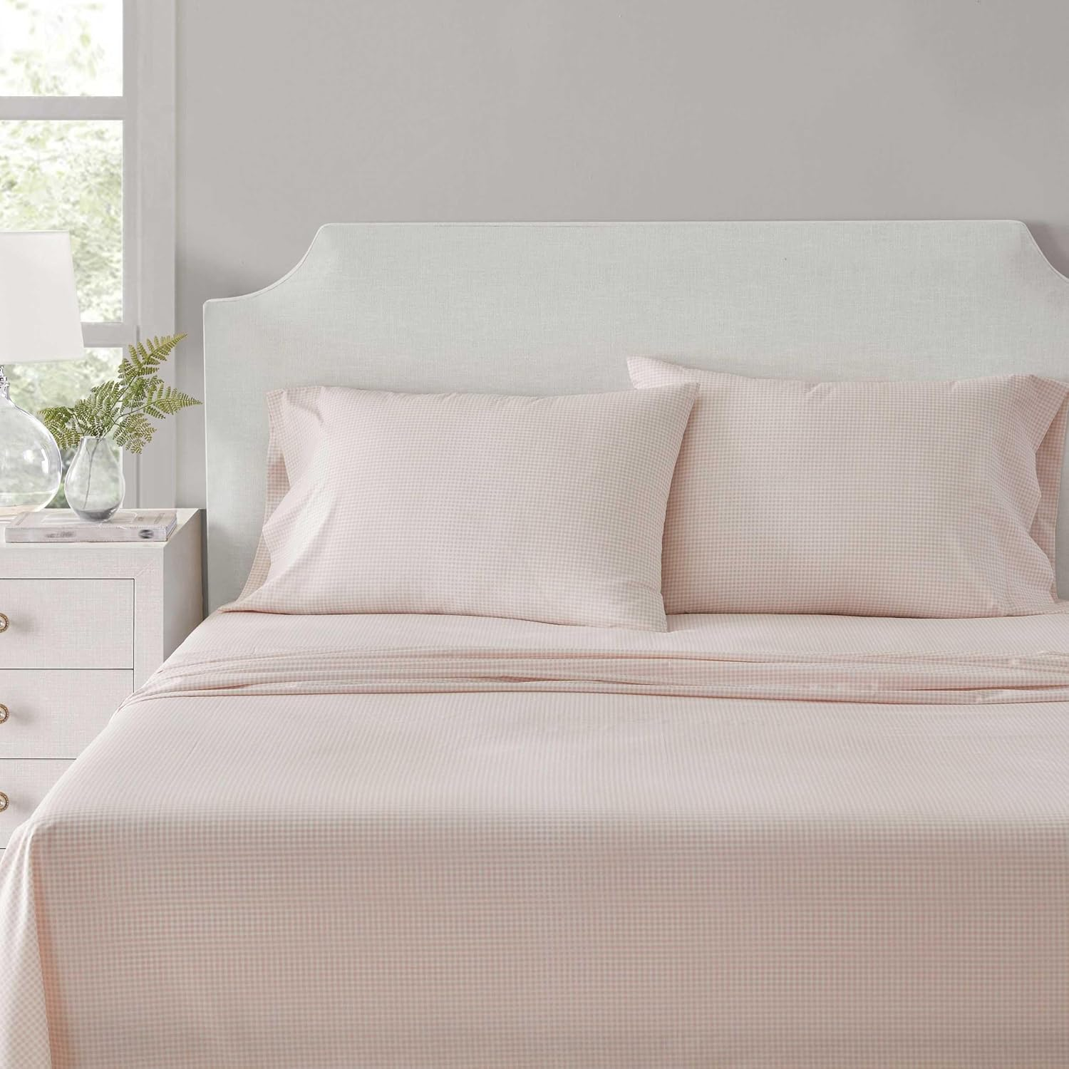 Martha Stewart - Queen Size Sheets Set, Crisp & Tailored Cooling Sheets W/A Naturally Smooth Cotton Percale Lightweight Feel - Bed Sheets with Matching Pillowcases & Fitted Sheet (Small Gingham Pink) image number 3