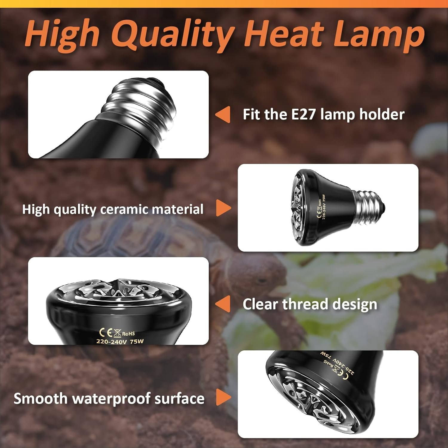 Bonlux E27 Ceramic Heat Lamp 75W Terrarium Reptile Heat Lamp, No Light, No Harm, Ceramic Heat Emitter for Snakes Lizard Tortoise Reptiles Terrariums and Vivarium, (Black, Pack of 2) image number 5