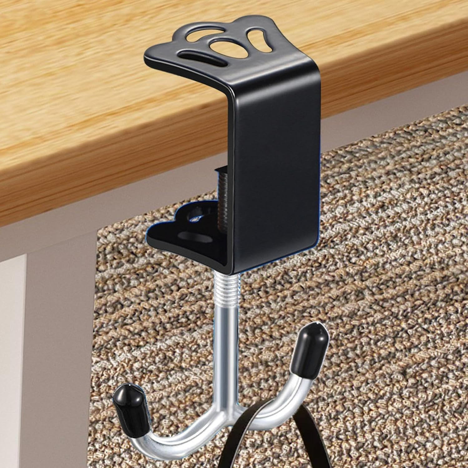 Rissunkv Desk Clamp Hook, Desk Mount Double Hooks Iron Bag Holder, Purse Hook Adjustable Thickness for Table for Headphones, Keys, Umbrellas - Black image number 5